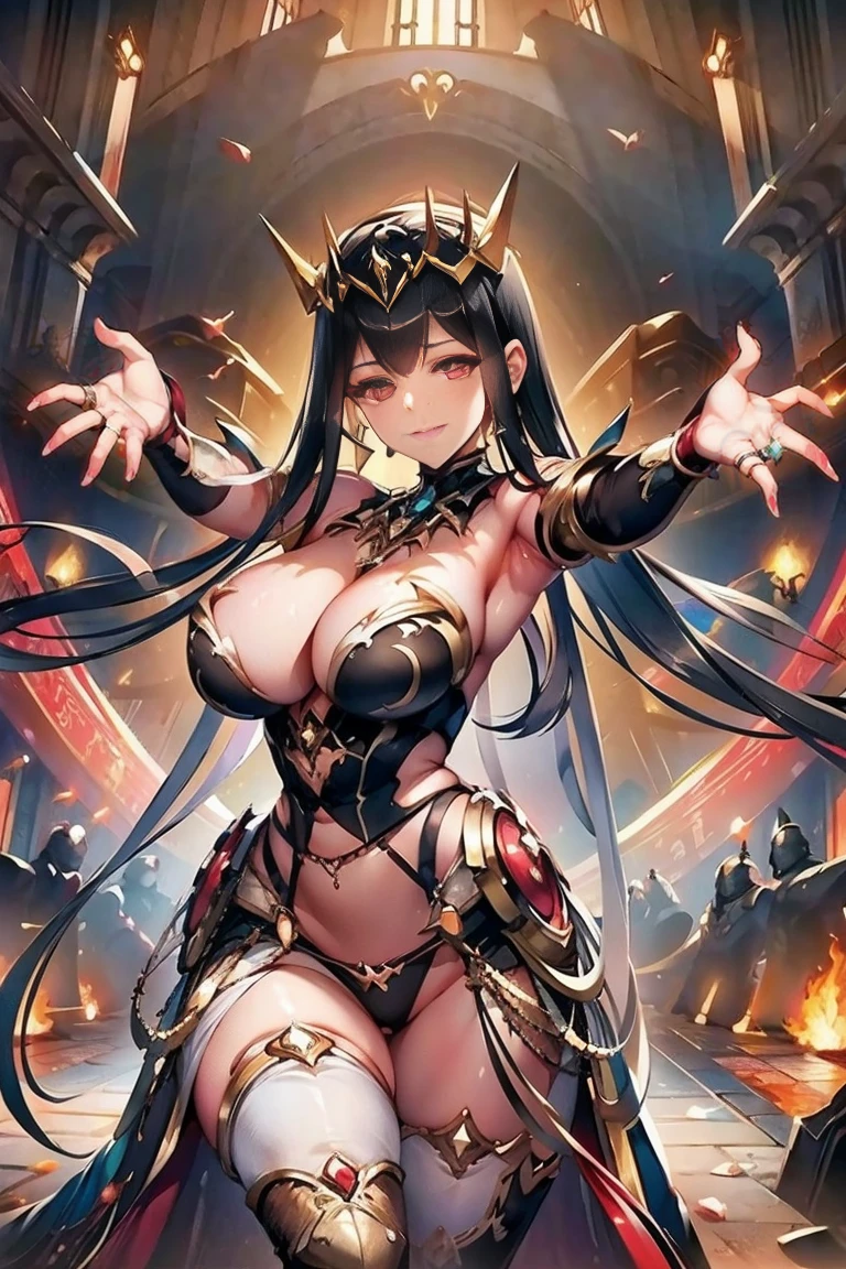 (((outstretched arms, outstretched hand, outstretched fingers))), perfect female hands and fingers, black hair, bare shoulder, red eyes, very long hair, cleavage, large breasts, dress, showgirl skirt, high-leg, cleavage cutout, tiara, bare thighs, gauntlets, bare shoulder, bare nails, bare fingers, bare hands, good hands, best hands, Correctly aligned fingers, extremely detailed hands and fingers, ultra detailed hands and fingers, super detailed hands and fingers, biologically accurate hands and fingers, 4 fingers and 1thumb accurate hands and fingers, beautiful hands and fingers, hands and fingers drawing, human hand and fingers, perfect arrangement of fingers, detail focus hands, perfection hands, better hands, adult face, fearless face, both arms, two arms, both hands, two hands, super fine illustration, masterpiece, masterwork, by famous artist, official art, ultra high res, best quality, high quality, Hand, detailed, perfect, perfection , hands, both hands is Thumb and index finger and middle finger and ring finger and little finger, symmetrical hands, even hands, panties, thighhighs, symmetrical bangs, gleaming skin, oil skin, shiny skin, wet skin, sweat, rouge, exquisite, beautiful,cg unity 8k wall paper, perfect face, ultra detailed beautiful face, perfect nose, perfect mouth, clear eyes, light eyes, perfect eyes, symmetrical eyes, even eyes, 16k, absurdres, perfect body, perfect anatomy, perfect proportion, perfect arms, perfect torso, fair skin, fair skin fingertips,  