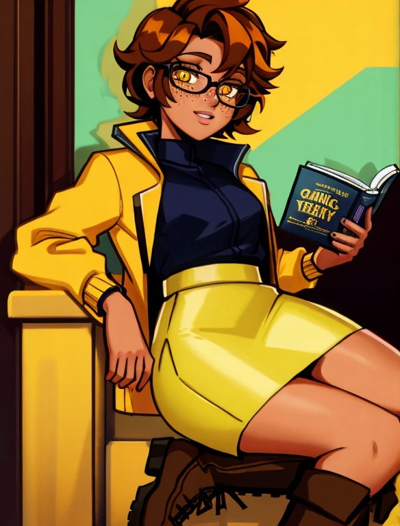 (masterpiece,best quality,absurdres,beautiful,aesthetic,detailed), (Detailed face:1.2), (Detailed eyes:1.2), 1girl, solo, 20 year old college student, ((slim, petite)) , she has tan-bronze skin with some freckles, short curly black hair with orange highlights, amber colored eyes, (Wearing: reading glasses, yellow jacket, black pencil skirt, boots), (Character Focus),Perfect Anatomy, Looking at Viewer