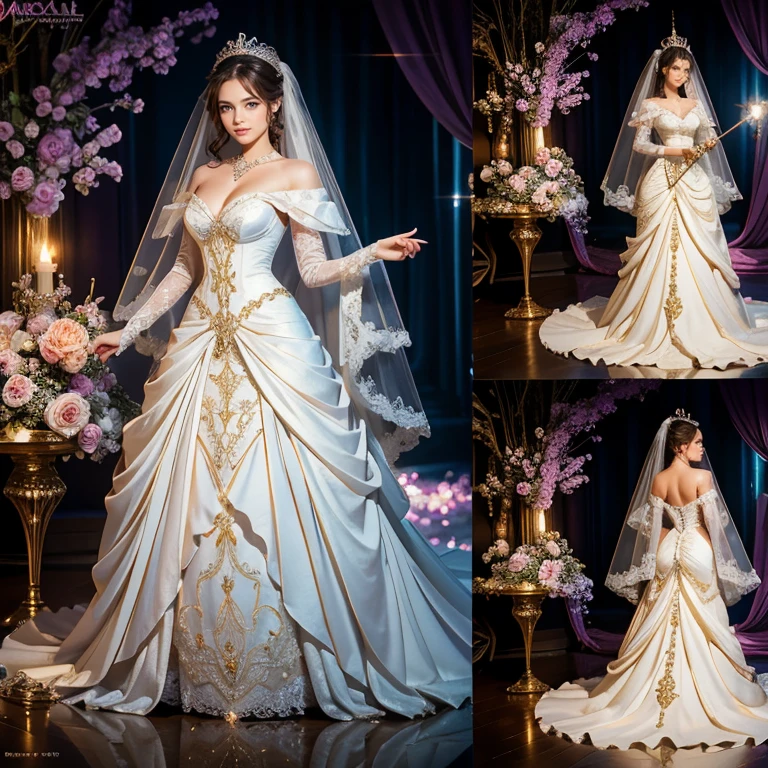 (​masterpiece, best quality:1.5), highest quality, High resolution, super detailed, Realists, Upper body photo of a brunette young magical girl, detailed and beautiful eyes, beautiful detailed lips, very detailed eyes and face, longeyelashes, white satin wedding dress, Holding a magic wand in your hand, Cast a transformation spell, With her magic wand she transforms a snake into a carriage, Glowing wands available,Beautiful and colorful makeup, elegant and noble々The jewelry bag, Gardens as background, soft daylight, bright colors, fine brushstrokes, Portrait style, Silk dress fabric, beautiful color palette, glowing skin, First-class rendering, that captures every detail, enchanting atmosphere, subtle shadows and lights, (perfect anatomy:1.2), (The stunning magical girl in a wedding dress turns a snake into a carriage. (a transformation with the magic wand:1.4), (magnificent panorama view:1.2)