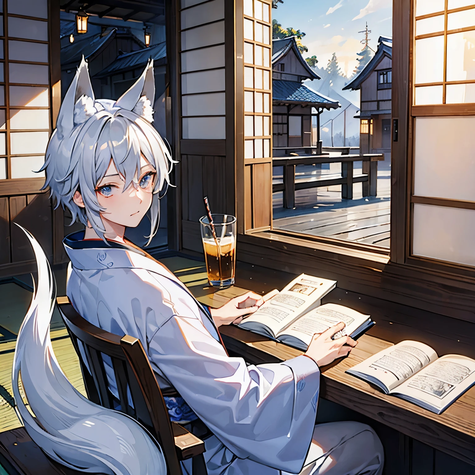((best quality)), ((masterpiece)), (detailed), male、male、handsome、Silver Hair、Fox ears、kimono、Studying at an old folk house cafe
