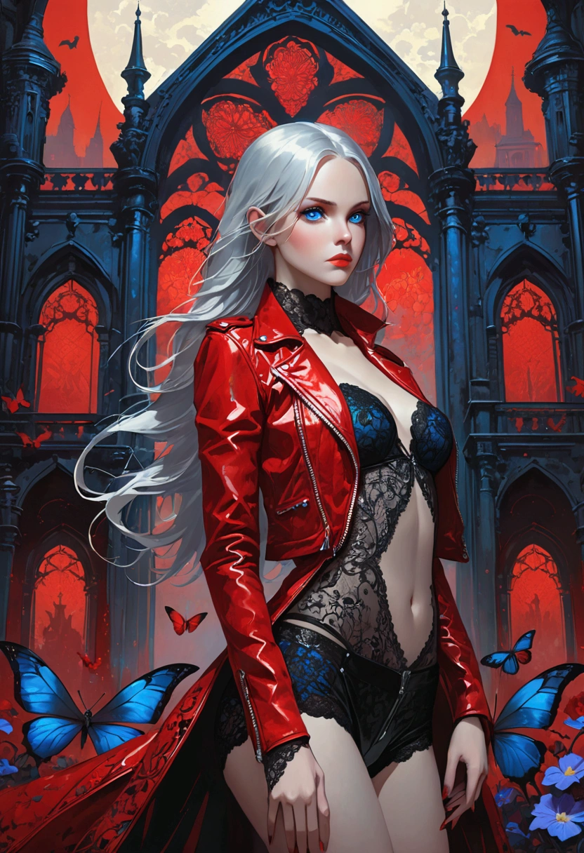 ((Intricate details)),dark fantasy style, GLOOMY AMBIANCE, (Beautiful succubus girl, Silver long hair), (Beautiful symmetrical blue eyes), (Sexy black lace outfit), (Red leather jacket), Various shades and gradients, Clear focus, Dynamic poses, (Ed Blinky, Artie Guerin, author：Jeremy Mann, Greg Manches),violet flower, (The work is set against a backdrop of magnificent buildings that combine classical and Gothic styles.)