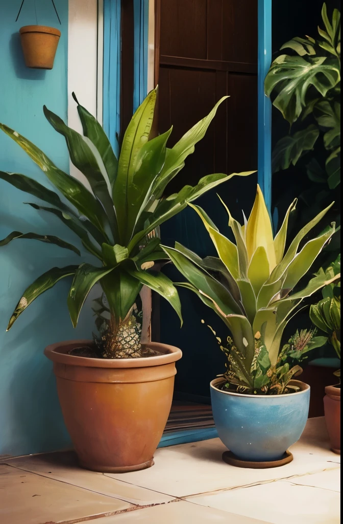 there are two potted plants that are sitting in a pot, bromeliads, flowering pineapples, colorful tropical plants, beautiful plants, ❤🔥🍄🌪, tropical flower plants, large exotic flowers, blooming tropical flowers, blue and yellow fauna, tropical houseplants, cactus and flowers, flowering pineapples and orchids, huge flame fantasy plant, tropical flowers
