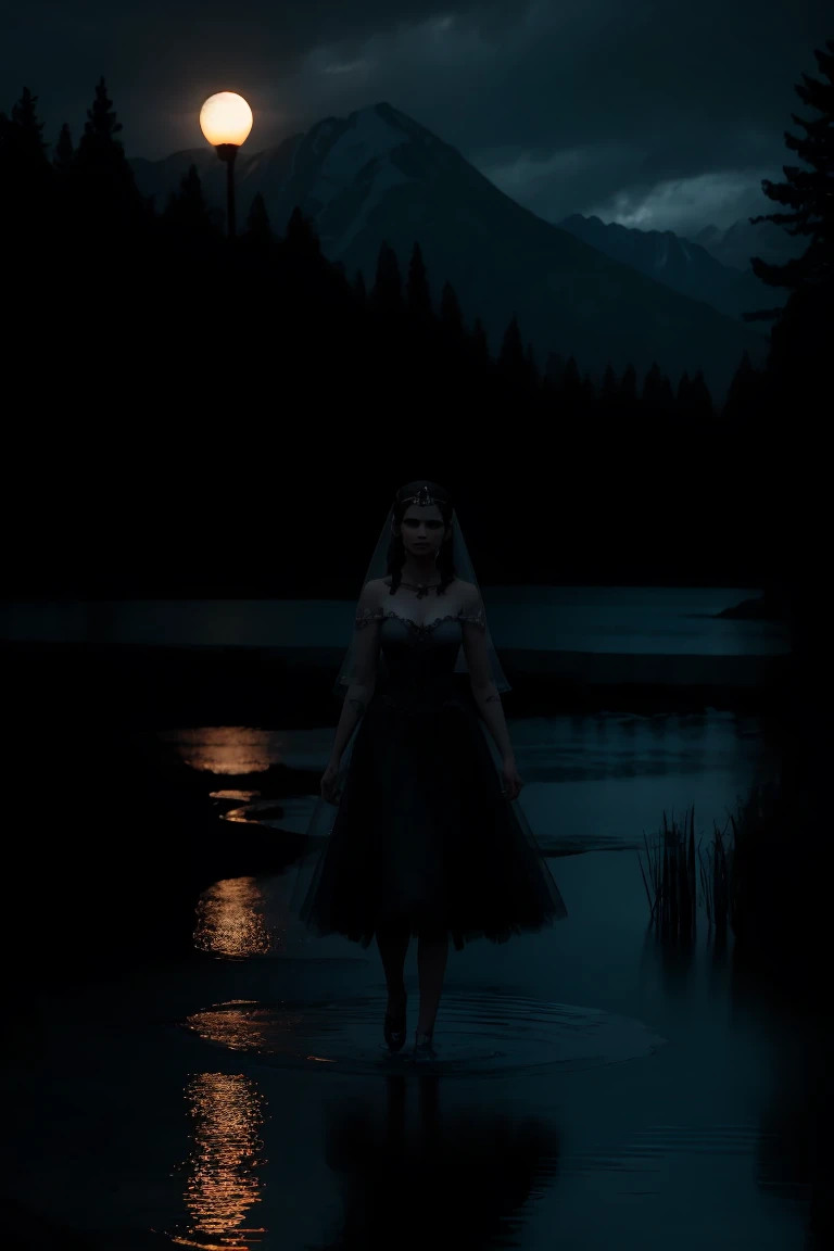 A macabre bride wandering around a lake at night, macabre look, Cinema lighting, dark evening, Terror, PICTURE REALISTIC 