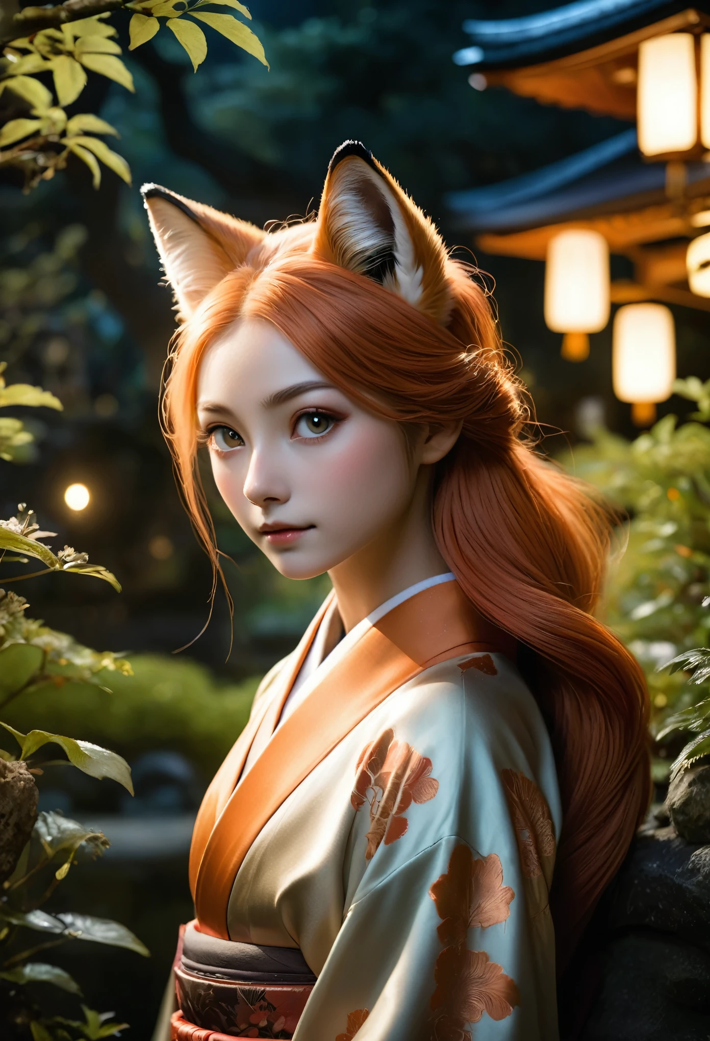 realistic, analog photo, Masterpiece, RAW photo, full-length portrait, hyper realistic, ultra detailed image, Kizune, (mythical Creature of Japanese Mythology And Folklore), detailed portrait of anthropomorphic she-fox, with fox tail, in traditional japan garden, moonlight, little spotlight, fractal, cover, detailed background, depth of field, HOF, hall of fame, detailed beautiful eyes, detailed beautiful face, natural body posture, lifelike skin texture, kodak portra 400, 16k, ultra detailed, bokeh lighting, dark fantasy atmospheric, fantasy aura, film grain, cinematic light, cinematic composition, depth of field, rim light