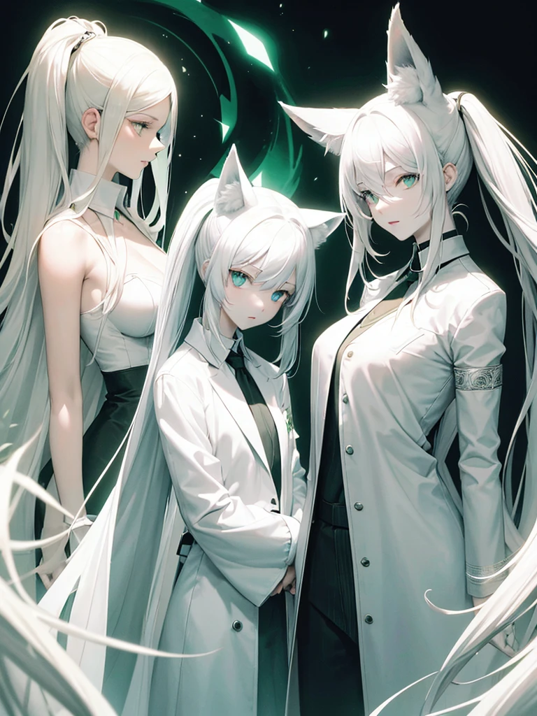 A psychologist with a white coat and wolf ears, beautiful, albino, tall, 28 years old, with his two twin sisters with emerald green eyes.