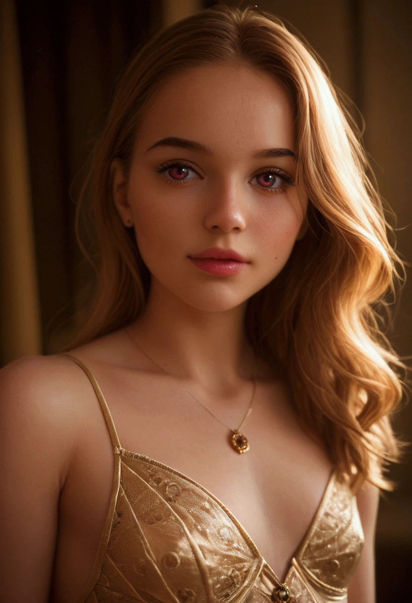 An 18 years old European girl with pale skin and long, wavy rose_gold hair. large and magenta colored eyes, full lips, with an adorable, and innocent face. She should have a happy expression, wearing a pink, gold, and rose gold colored dress, with an elegant and spider web lace theme, something that emphasizes her sweet and compassionate personality. Overall, her appearance would be striking, attracting curious looks. small chested, slender, petit, cinematic lighting, chromatic aberration, backlighting, masterpiece, high details, high quality, 4K.