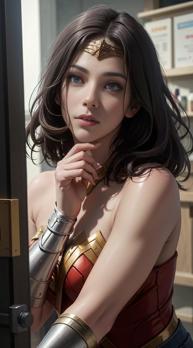 wonder woman standing in a beauty store,highly detailed,photorealistic,epic lighting,dynamic pose,intricate costume details,(best quality,8k,ultra-detailed,masterpiece:1.2),(realistic,photorealistic:1.37),vivid colors,dramatic lighting,studio lighting