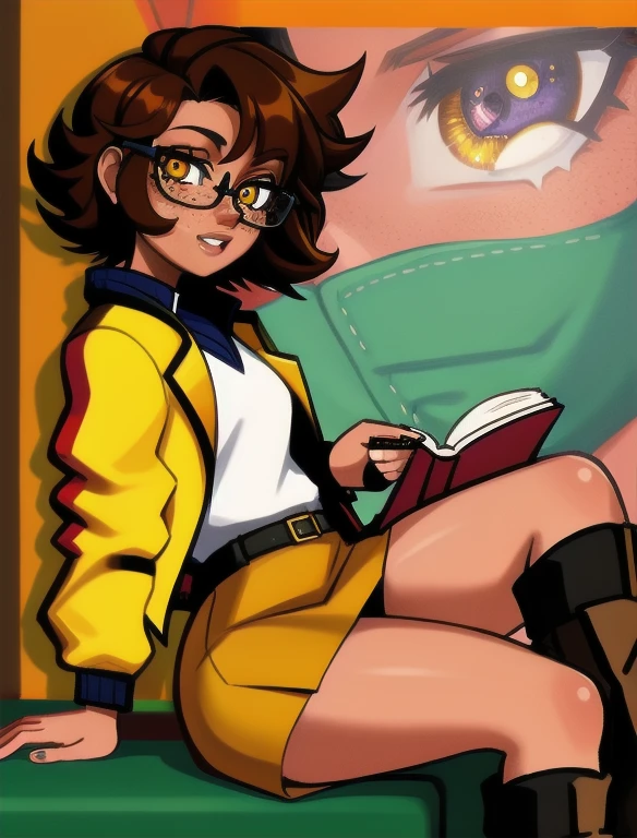 (masterpiece,best quality,absurdres,beautiful,aesthetic,detailed), (Detailed face:1.2), (Detailed eyes:1.2), 1girl, solo, 20 year old college student, ((slim, petite)) , she has tan-bronze skin with some freckles, short curly black hair with orange highlights, amber colored eyes, (Wearing: reading glasses, yellow jacket, black pencil skirt, boots), (Character Focus),Perfect Anatomy, Looking at Viewer