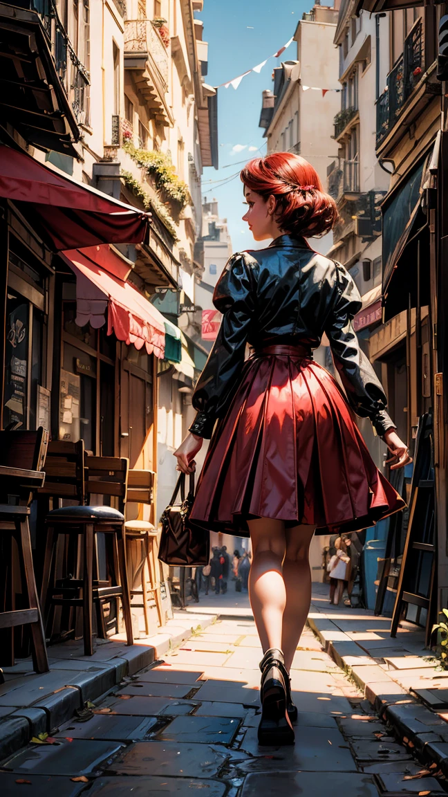 an illustration of a girl walking down a street, in the style of disney animation, pre-world war ii school of paris, 32k uhd, red and emerald, character caricatures, mysterious backdrops, lively tableaus --ar 1:2 --stylize 750 --v 6