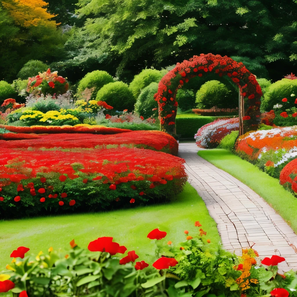 there is a gate in the middle of a garden with red flowers, flame shrubs, in red gardens, cottagecore flower garden, red blooming flowers, autumn overgrowth, glimpse of red, vibrant but dreary red, in a cottagecore flower garden, vibrant red and green colours, beautiful composition, with soft bushes, overgrown with flowers