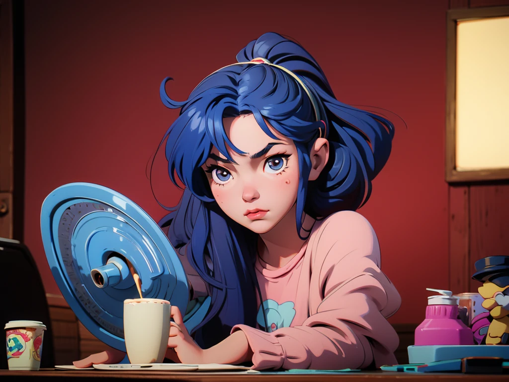 "Anime-style 10-year-old girl in casual clothing, wearing headphones, sitting in front of her computer in her room. The atmosphere is calm and nocturnal with a steaming cup of coffee on the desk."