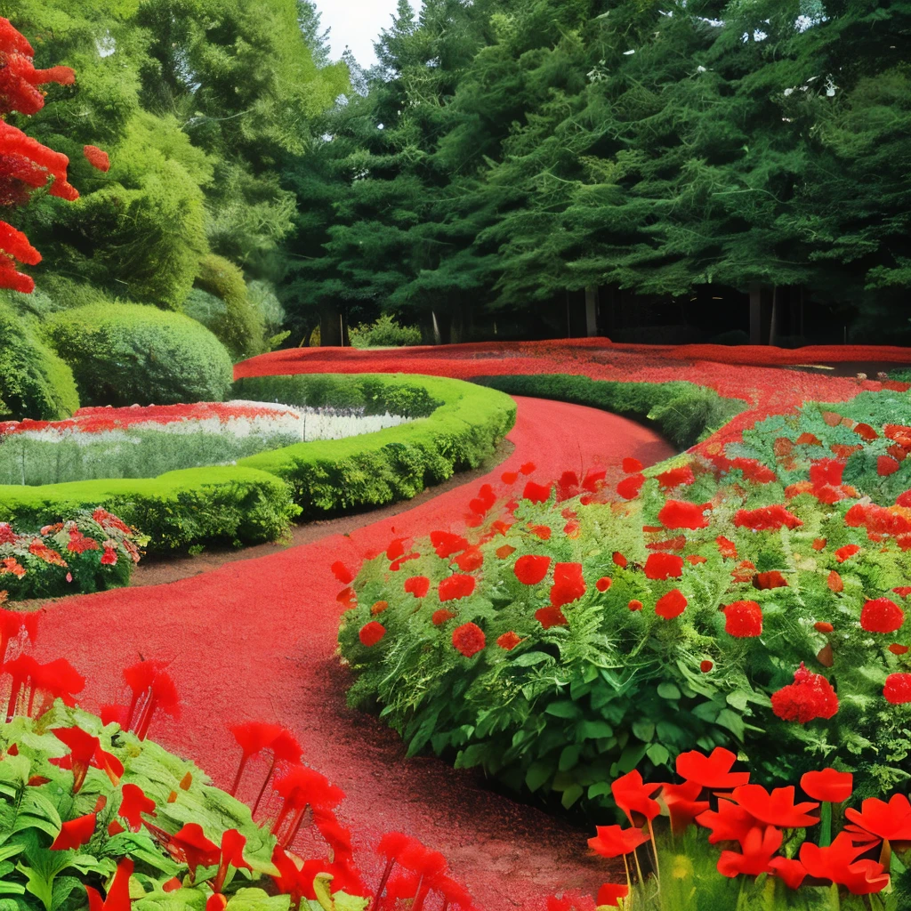 there is a gate in the middle of a garden with red flowers, a digital rendering by Pamela Drew, cg society contest winner, fine art, flame shrubs, in red gardens, cottagecore flower garden, red blooming flowers, autumn overgrowth, glimpse of red, vibrant but dreary red, in a cottagecore flower garden, vibrant red and green colours