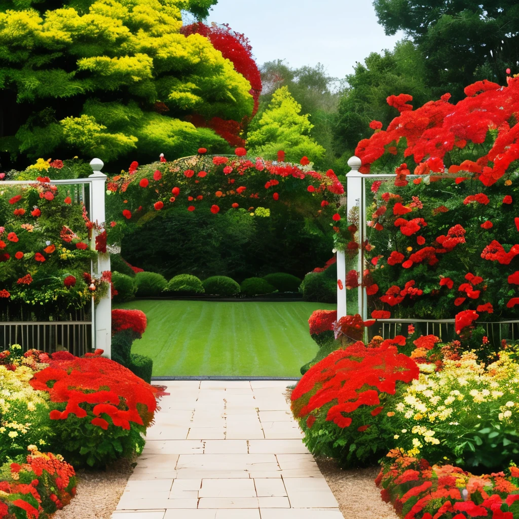 there is a gate in the middle of a garden with red flowers, a digital rendering by Pamela Drew, cg society contest winner, fine art, flame shrubs, in red gardens, cottagecore flower garden, red blooming flowers, autumn overgrowth, glimpse of red, vibrant but dreary red, in a cottagecore flower garden, vibrant red and green colours