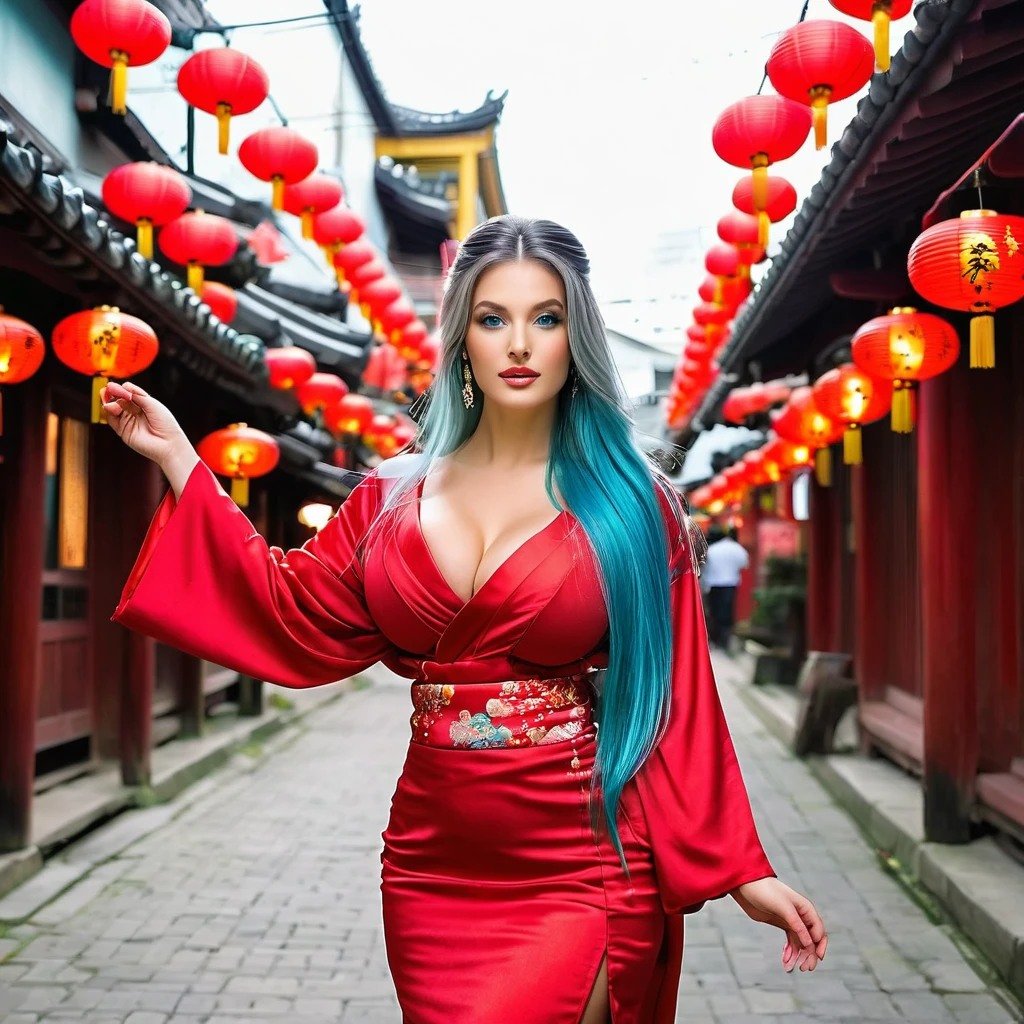 Generate a (hyperdetailed, realistic, Full Body), photo of Nia, (((turquoise color eyes))), (((long, silky, straight, Ombre blend of shimmering silver and celestial blue hair))), (((Position Nia with her long, silky hair styled in a half-up, half-down hairstyle, strands framing her face delicately))), (fair skin:1.4), (((Massive round natural breasts with deep cleavage))), (Massive Breasts:1.6), (Greek and Russian mix ethnicity), (hourglass figure, perfect body, NSFW, perfect anatomy, masterpiece, best quality). (((She is wearing a scarlet red color kimono-style dress, the soft fabric complementing her curves))). In Chinatown, she's in a scarlet red color kimono-style dress, with her hair in a half-up, half-down hairstyle, delighting in a bubble tea while vibrant lanterns hang overhead.