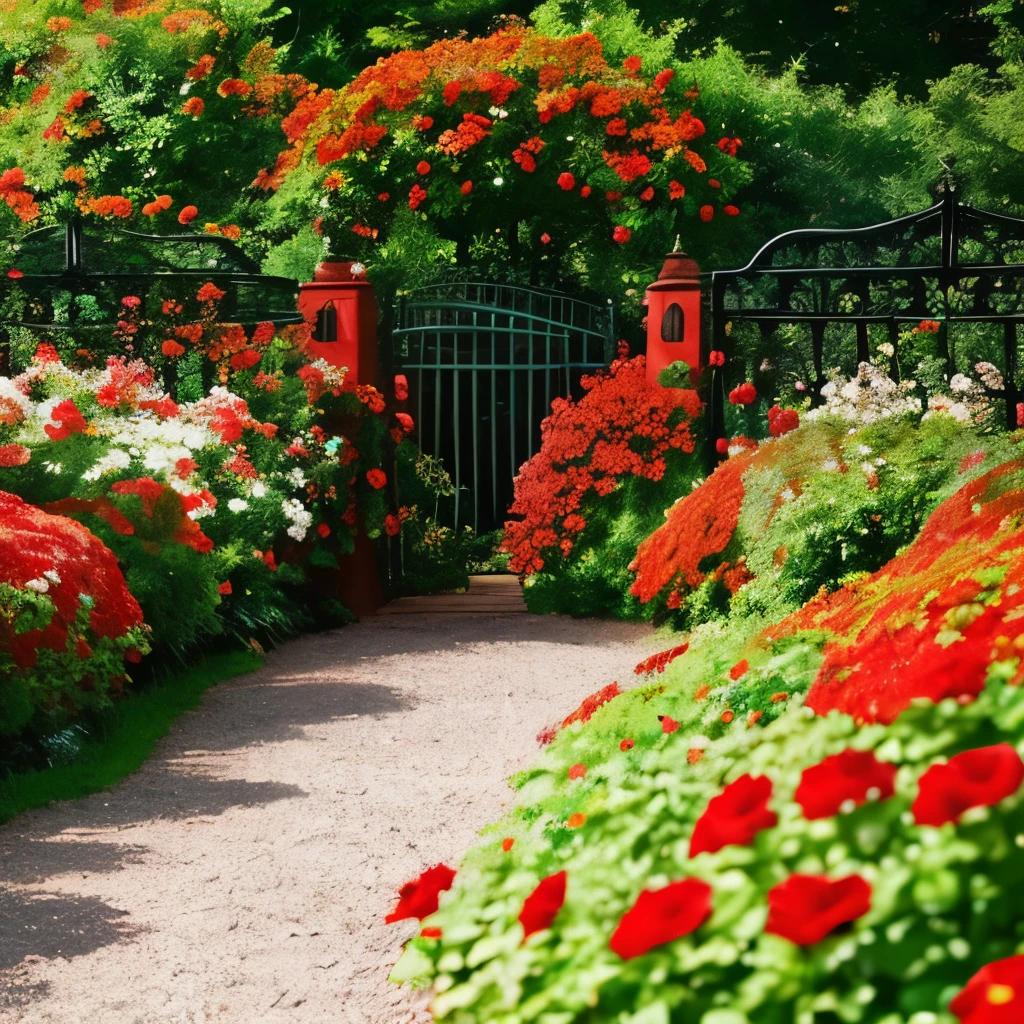 there is a gate in the middle of a garden with red flowers, a digital rendering by Pamela Drew, cg society contest winner, fine art, flame shrubs, in red gardens, cottagecore flower garden, red blooming flowers, autumn overgrowth, glimpse of red, vibrant but dreary red, in a cottagecore flower garden, vibrant red and green colours