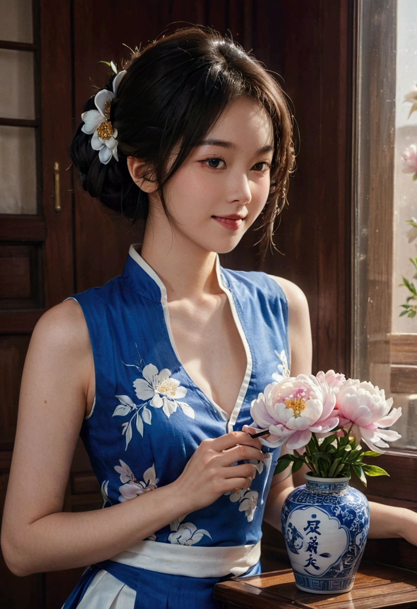 The plain embryo outlines the blue and white. The brush strokes are thicker and lighter. The peonies depicted on the bottle are just like your first makeup. The sandalwood scent shines through the window. I understand my thoughts through the window. The pen has been half-laid on the rice paper. The glaze color renders the picture of a lady. The charm is hidden, and your beautiful smile is like a bud. Waiting for a ray of your beauty to float away to a place where I can’t go