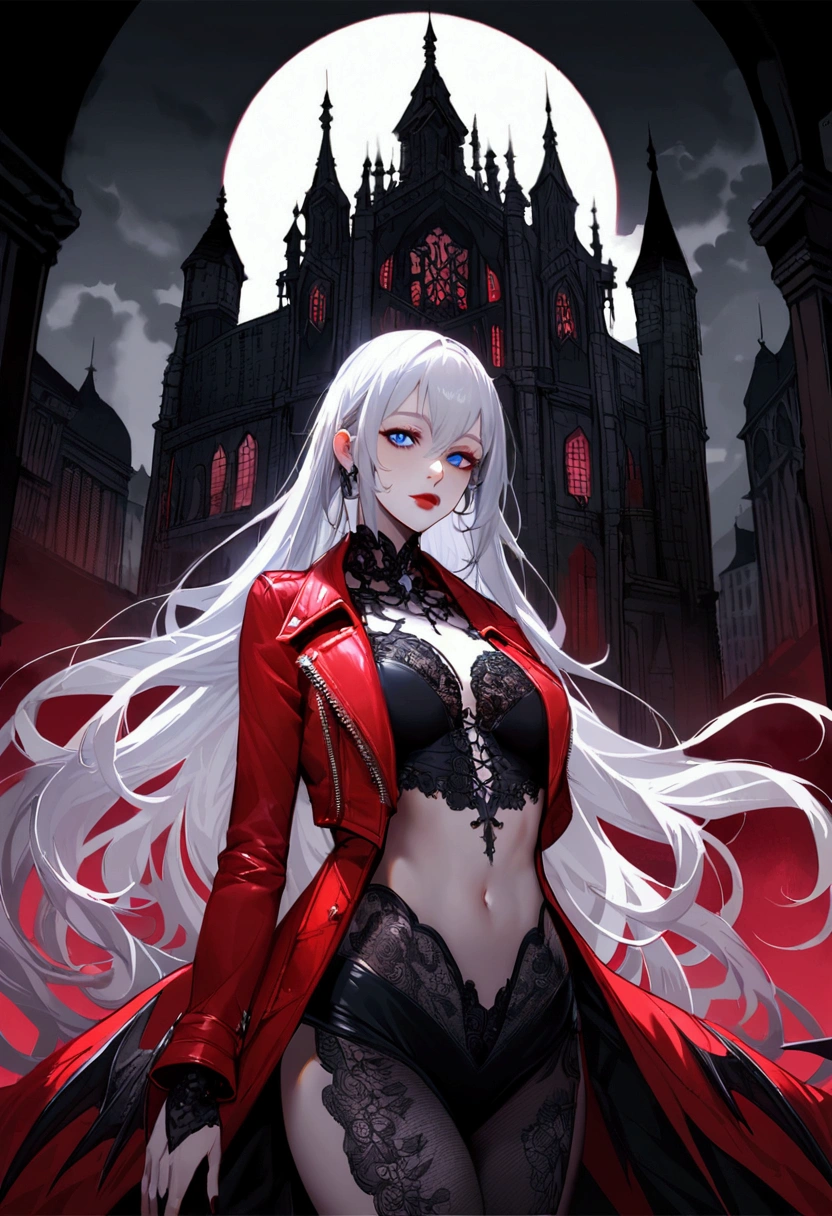 ((Intricate details)),dark fantasy style, GLOOMY AMBIANCE, (Beautiful succubus girl, Silver long hair), (Beautiful symmetrical blue eyes), (Sexy black lace outfit), (Red leather jacket), Various shades and gradients, Clear focus, Dynamic poses, (Ed Blinky, Artie Guerin, author：Jeremy Mann, Greg Manches),violet flower, (The work is set against a backdrop of magnificent buildings that combine classical and Gothic styles.)