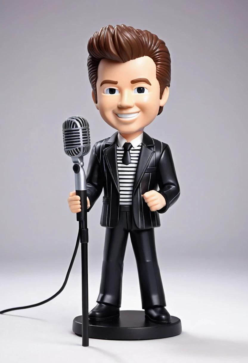 Create a chibi-style illustration depicting a humorous "Rick Roll" in the style of a plastic toy. The chibi Rick Astley should be in his classic outfit from the "Never Gonna Give You Up" music video: a striped shirt, black jacket, and light-colored pants. He should have a wide, confident grin on his face, with large, expressive eyes. He is standing behind a microphone stand, performing his iconic dance move. The plastic toy should have a glossy finish, with detailed, vibrant colors and a slightly exaggerated, cute appearance. The background can be simple and gradient to keep the focus on the character.