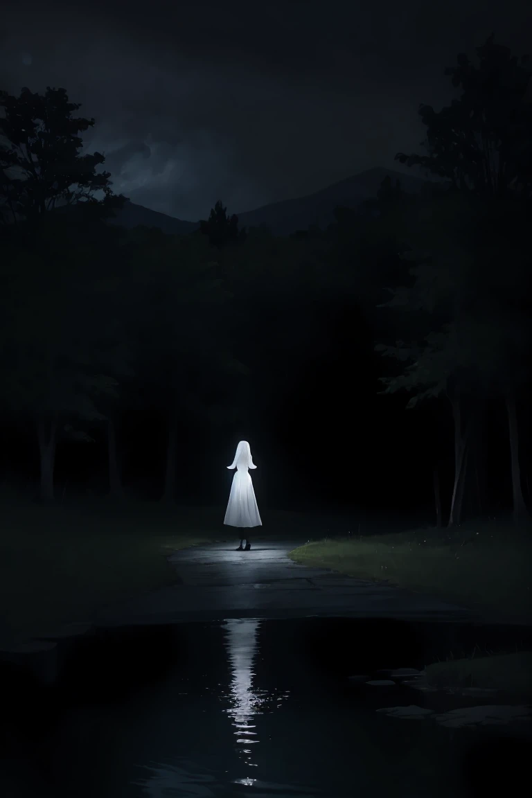 Woman in white dress walking around a lake at night, macabre look, dark evening, Scene from horror, 