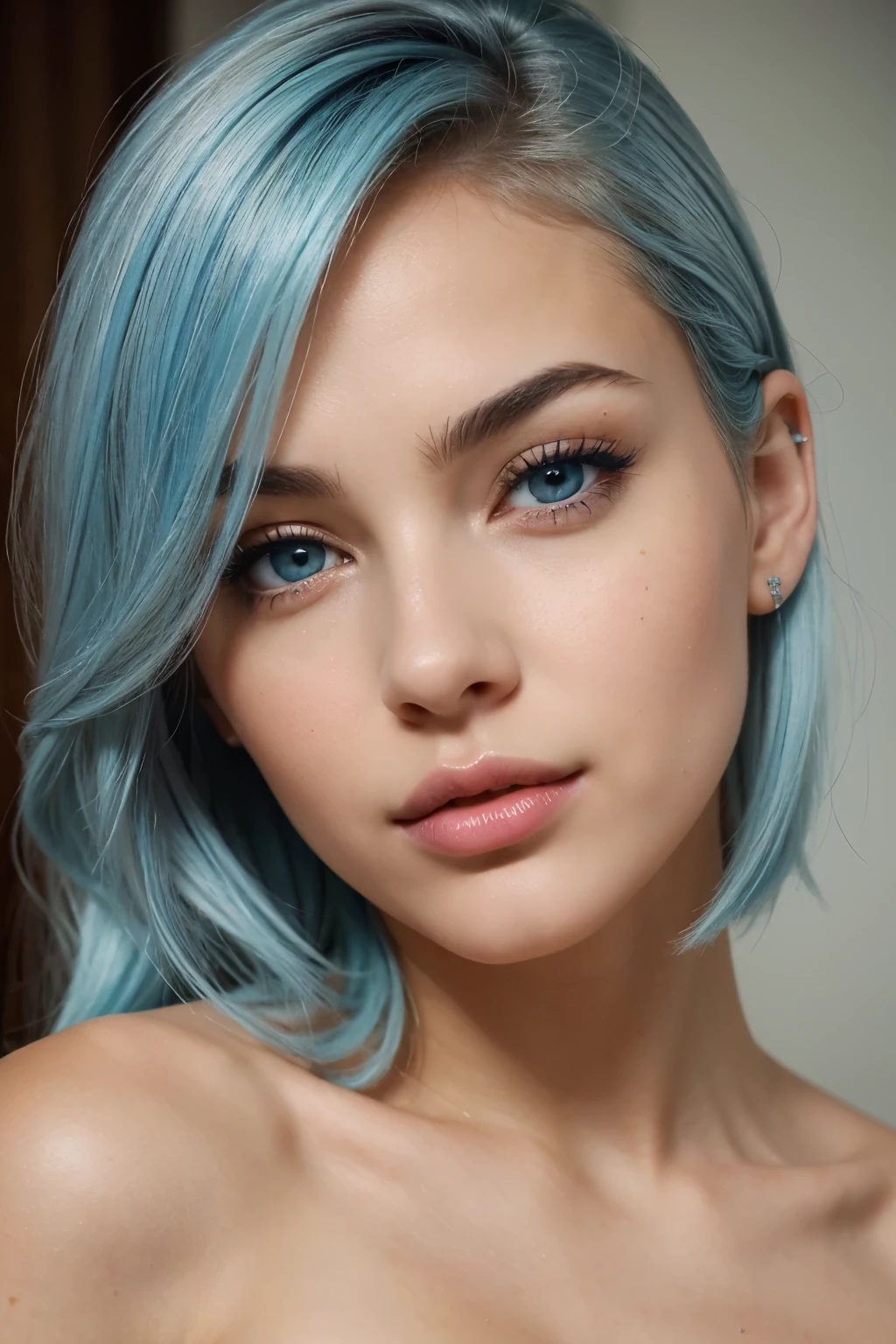 Beautiful woman face,light blue hair,brown eyes,look, sensual, full lips