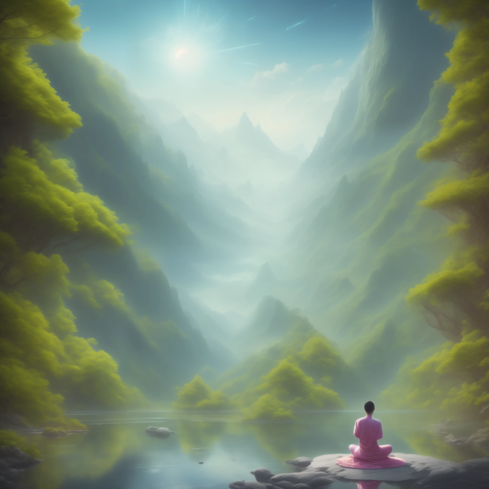 a person meditating in a wide robe, beautiful lush green valley landscape, enchanted world, serene contemplation, natural symbols, vibrant strong colors, cinematic lighting, (best quality,4k,8k,highres,masterpiece:1.2),ultra-detailed,(realistic,photorealistic,photo-realistic:1.37),intricate details,environmental portrait,dramatic lighting,cinematic atmosphere,fantasy,mystical,spiritual