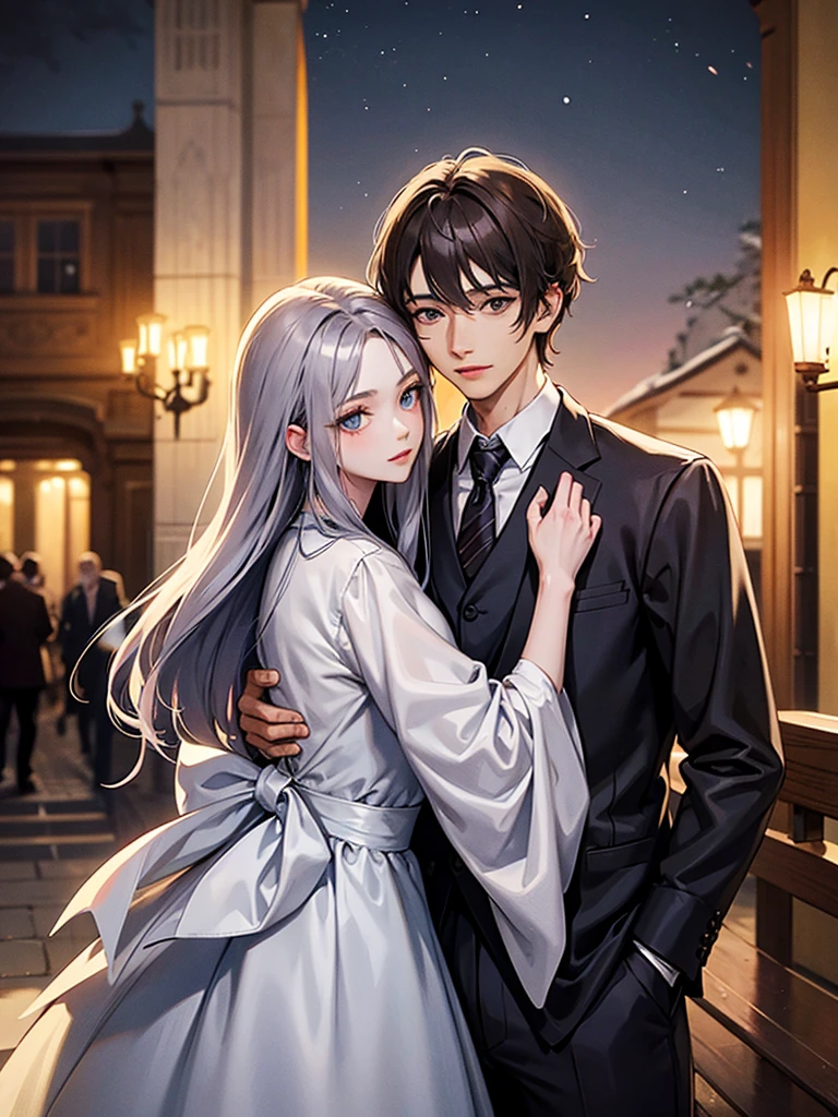 ((Highest quality)), ((masterpiece)), (detailed)、Couple、men and women、Beautiful Youth、beautiful girl、((The man has beautiful silver hair and blue eyes.))、((The woman has brown hair and brown eyes))、Embracing each other against the backdrop of the moonlit night、The man is tall and the woman is leaning on him.、Woman smiling
