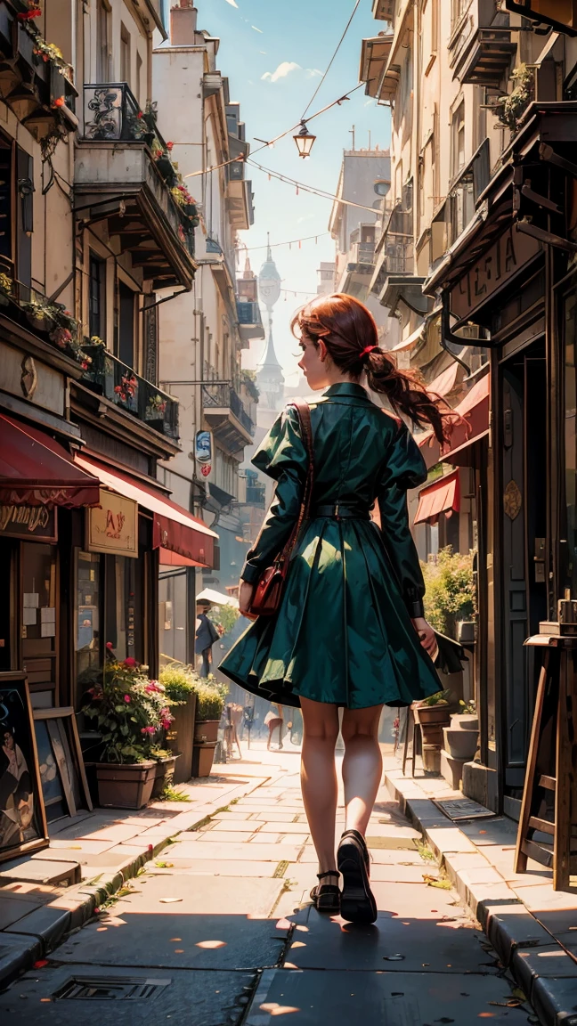 an illustration of a girl walking down a street, in the style of disney animation, pre-world war ii school of paris, 32k uhd, red and emerald, character caricatures, mysterious backdrops, lively tableaus --ar 1:2 --stylize 750 --v 6