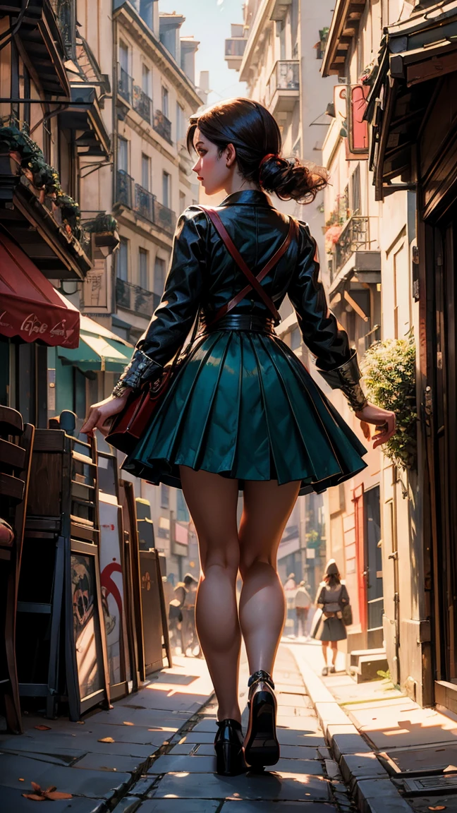 an illustration of a girl walking down a street, in the style of disney animation, pre-world war ii school of paris, 32k uhd, red and emerald, character caricatures, mysterious backdrops, lively tableaus --ar 1:2 --stylize 750 --v 6