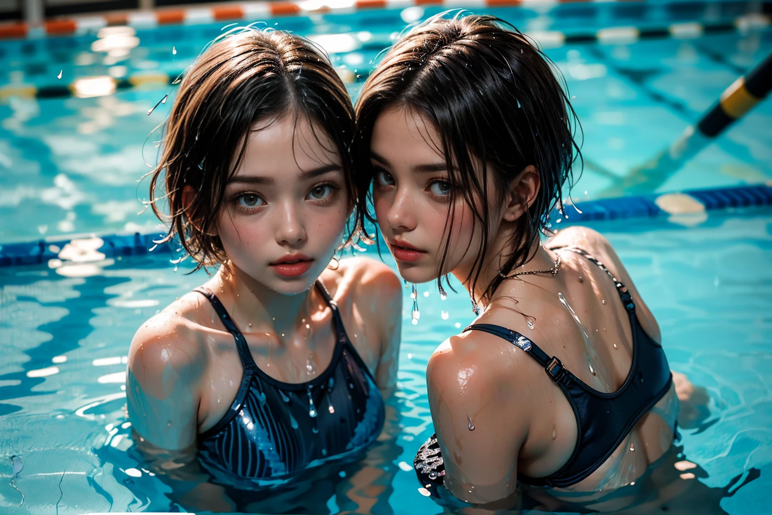 (Realistic:1.55),(Raw Photo,8K:1.2),(Ultra Realistic),(Best Quality,8K,16k,Table Top, Ultra HD),(Masterpiece:1.2) ),(Improved Quality:1.4),Super Resolution,(Bright Colors),(Very Beautiful Facial Details),(Best Quality Realistic Textured Skin:1.4),(Perfect Anatomy:1.37),(((From Above))),Ultra Detailed, Symmetrical Eyes, Spectator Gaze, One Girl,17 Year Old Supermodel,(Flat Chest:1.37),Wet Skin, Wet Hair, Wet Clothes, Heavy Makeup,((Very Detailed Eyes:1.3)),Dark Eyes,(Tired,Sleepy,Satisfied:0.0),(Thin Lips:1.33),(Thin Nose:1.2),((Chrome:1.3 )), floating in a pool, ((back lying on back)), ((school swimsuit)), navy one piece swimsuit, complex reflected light, (pool in the evening: 1.8), (outdoor school pool), ((droplet rain falling: 1.8)), (physically rendered water ripples: 1.1), (physically rendered pool water surface: 1.3), (slim body: 1.2), (thin: 1.2, slim lower body), brown hair, (short hair: 1.37), anxious face, professional lighting, grand emotional cinematic lighting.
