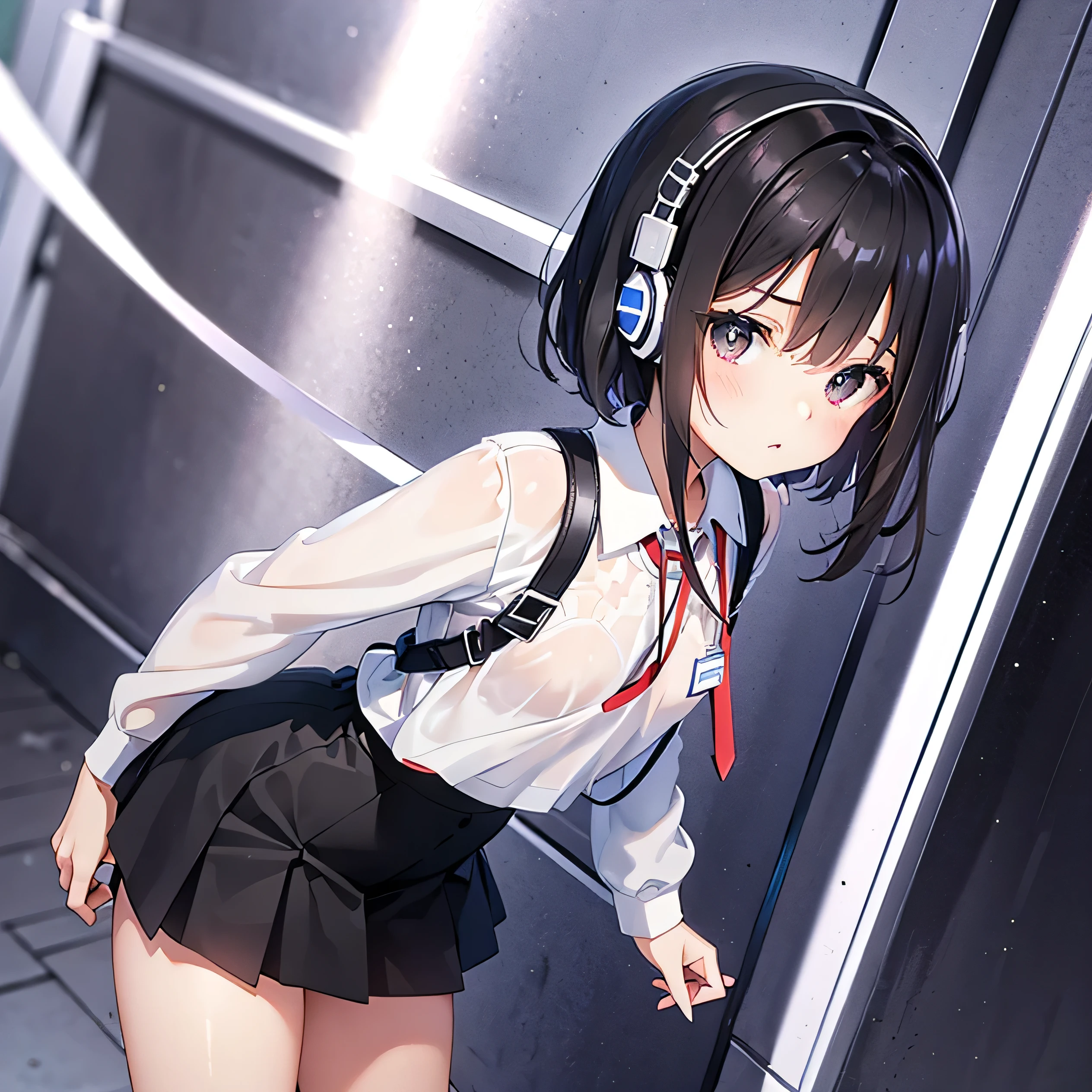 monochrome tone, black & white two tone (all image layer color), An anime girl with short hair standing in front of the sky, brown color eyes, school uniform, short skirt (check pattern), wearing headphone on neck, neck band (headphone), normal chest, 아름다운 쇄골, chest focus, 16-years-old girl, extreme hand detail, Promotional art, Shining Star, Visual Novel CG, official art, Key Art, shooting star, wallpaper, official fanart, Promotional artwork, milky way, Visual Novel Key Visual, masterpiece