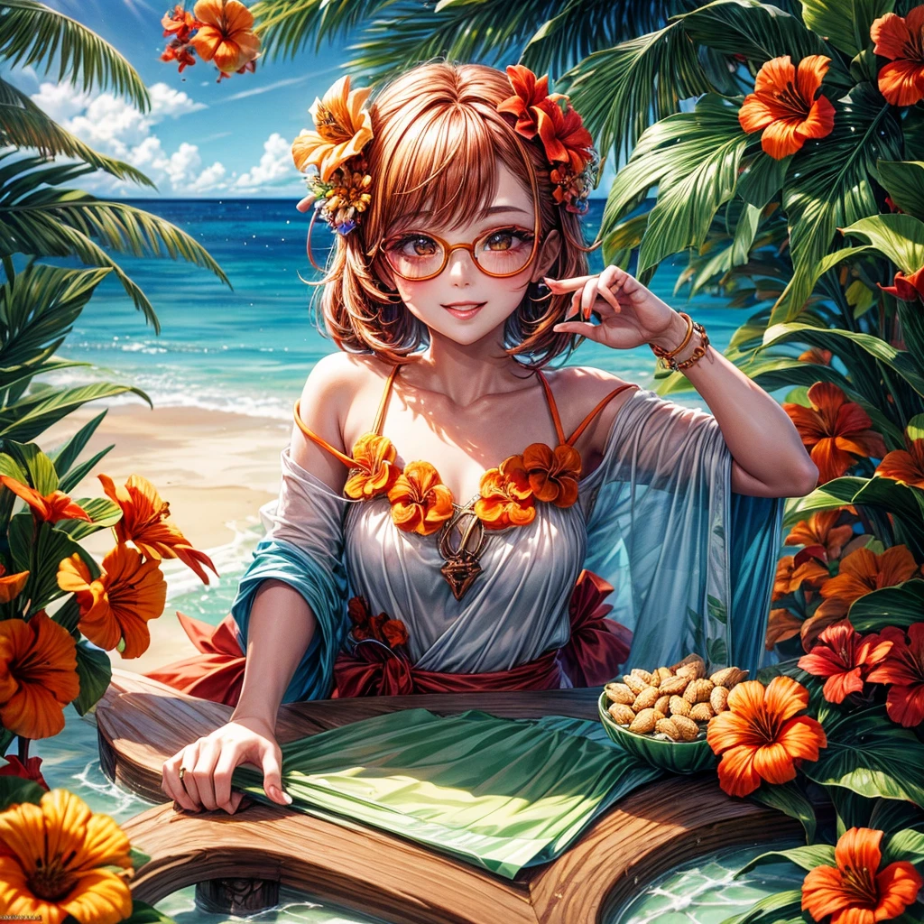 Lipstain floating make up girl tropical design in situ view, orange and green color full flowers, cat glasses, cookies coco nuts tropical flowers contre champ view ,multi fly mouse kawai sunshine time, most details light, smilling face, photographique, realisme, details