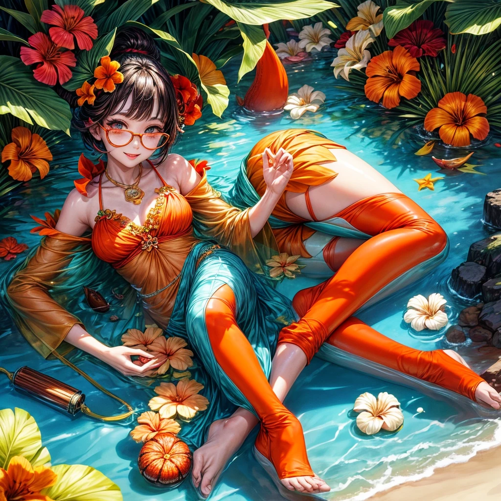 Lipstain floating make up girl tropical design in situ view, orange and green color full flowers, cat glasses, cookies coco nuts tropical flowers contre champ view ,multi fly mouse kawai sunshine time, most details light, smilling face, photographique, realisme, details