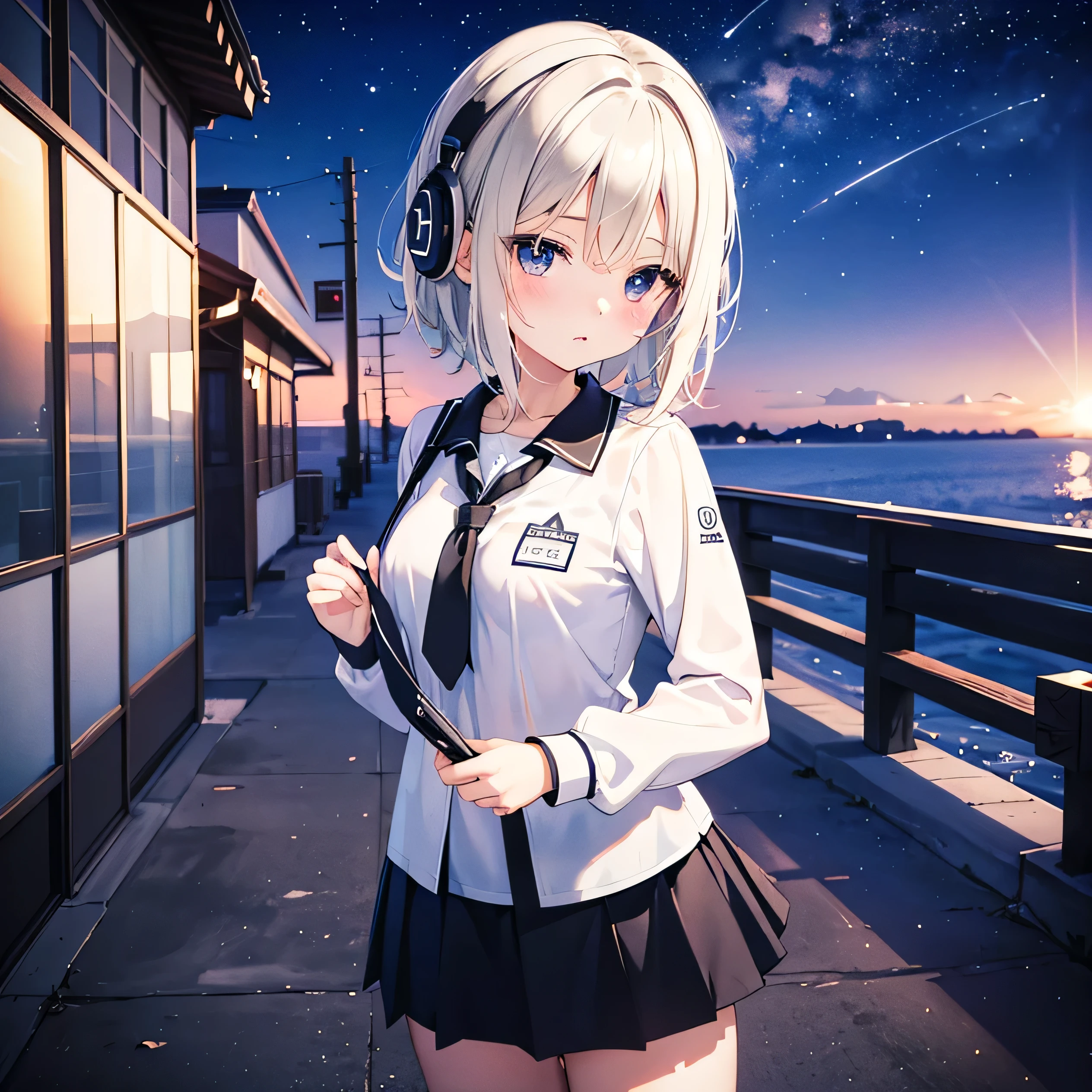 monochrome tone, black & white two tone (all image layer color), An anime girl with short hair standing in front of the sky, brown color eyes, school uniform, short skirt (check pattern), wearing headphone on neck, neck band (headphone), normal chest, 아름다운 쇄골, chest focus, 16-years-old girl, extreme hand detail, Promotional art, Shining Star, Visual Novel CG, official art, Key Art, shooting star, wallpaper, official fanart, Promotional artwork, milky way, Visual Novel Key Visual, masterpiece