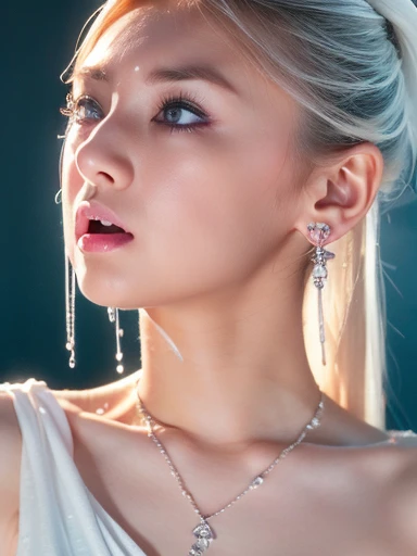 (masterpiece, highest quality:1.2), 8k, 85mm, Raw photo, confused, white and cyan theme, (liquid clothes, liquid dress:1.4), gray hair, gradient dress, delicate girl, Upper body, close your face, shiny skin, , looking at the viewer, HDR, sharp focus, particle, dusk sky, shiny skin, small eyes and face, colorful background, simple background、earrings、necklace、clavicle、twin tails、Platinum Jewelry、Heavy makeup、(A look of despair)、(Open your mouth wide)、(cheek)、(Big earrings)、(Expression of pleasure)