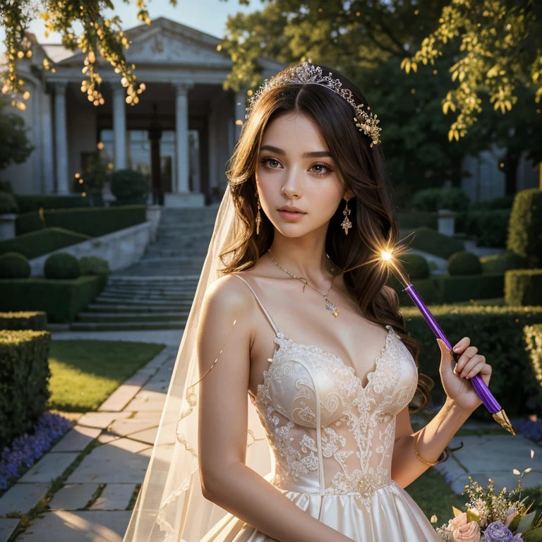 (masterpiece, best quality:1.5), highest quality, High resolution, super detailed, Realists, Upper body photo of a brunette young magical girl, detailed and beautiful eyes, beautiful detailed lips, very detailed eyes and face, longeyelashes, white satin wedding dress, Holding a magic wand in your hand, Cast a transformation spell, With her magic wand she turns stones into grapes, Glowing wands available,Beautiful and colorful makeup, elegant and noble々The jewelry bag, Gardens as background, soft daylight, bright colors, fine brushstrokes, Portrait style, Silk dress fabric, beautiful color palette, glowing skin, First-class rendering, that captures every detail, enchanting atmosphere, subtle shadows and lights, (perfect anatomy:1.2), (The stunning magical girl in a wedding dress turns stones into grapes. (a transformation with the magic wand:1.4), (magnificent panorama view:1.2)