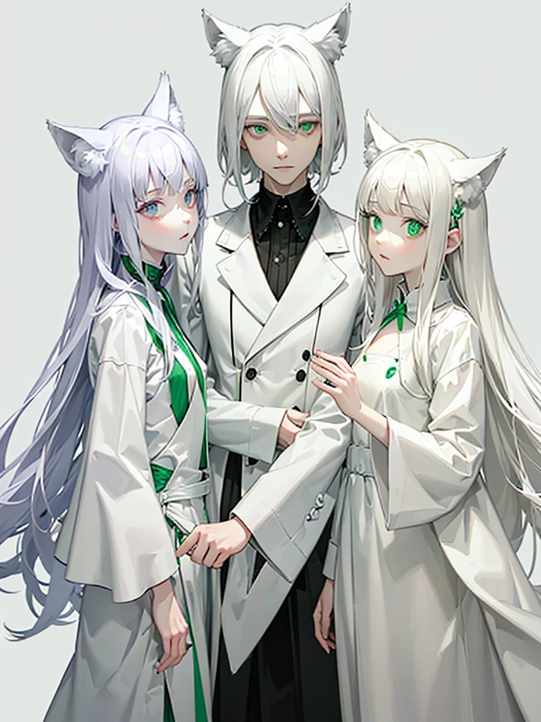 A psychologist with a white coat and wolf ears, beautiful, albino, tall, 28 years old, with his two twin sisters with emerald green eyes.