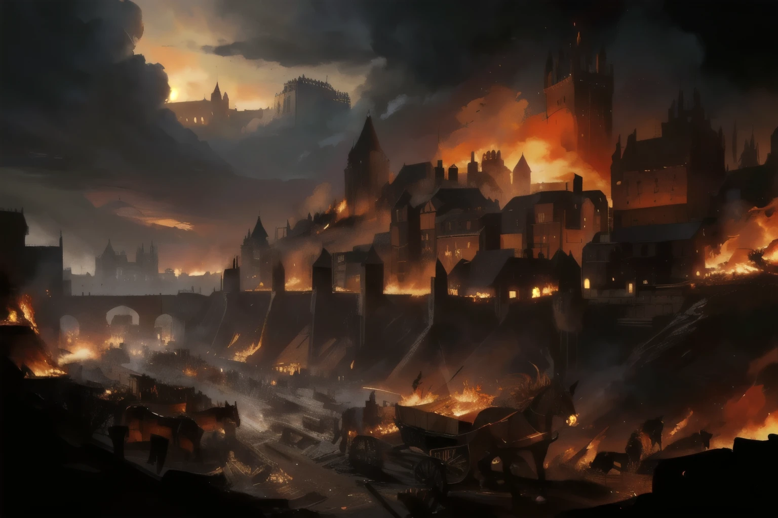 "Create a dramatic scene of a medieval city engulfed in flames. The cityscape features stone castles, towers, and timber-framed buildings, all burning fiercely with fire and smoke billowing into the sky. The cobblestone streets are filled with chaos as townsfolk in medieval attire run in panic, their faces showing fear and desperation. Some are trying to help each other, while others are fleeing alone. Horses and carts are scattered amidst the chaos. The sky is a dark, ominous shade of red and orange, reflecting the intensity of the blaze. The overall atmosphere should convey a sense of urgency, destruction, and terror."

