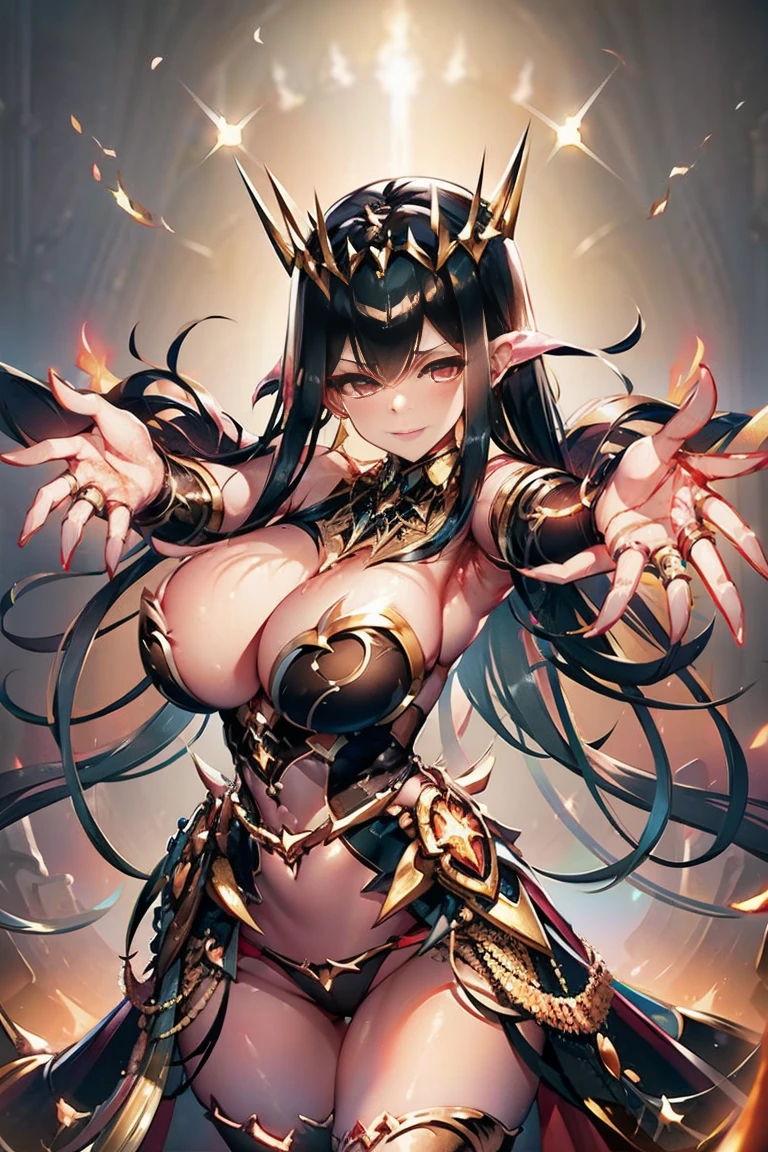 (((outstretched arms, outstretched hand, outstretched fingers))), perfect female hands and fingers, black hair, bare shoulder, red eyes, very long hair, cleavage, large breasts, dress, showgirl skirt, high-leg, cleavage cutout, tiara, bare thighs, gauntlets, bare shoulder, bare nails, bare fingers, bare hands, good hands, best hands, Correctly aligned fingers, extremely detailed hands and fingers, ultra detailed hands and fingers, super detailed hands and fingers, biologically accurate hands and fingers, 4 fingers and 1thumb accurate hands and fingers, beautiful hands and fingers, hands and fingers drawing, human hand and fingers, perfect arrangement of fingers, detail focus hands, perfection hands, better hands, adult face, fearless face, both arms, two arms, both hands, two hands, super fine illustration, masterpiece, masterwork, by famous artist, official art, ultra high res, best quality, high quality, Hand, detailed, perfect, perfection , hands, both hands is Thumb and index finger and middle finger and ring finger and little finger, symmetrical hands, even hands, panties, thighhighs, symmetrical bangs, gleaming skin, oil skin, shiny skin, wet skin, sweat, rouge, exquisite, beautiful,cg unity 8k wall paper, perfect face, ultra detailed beautiful face, perfect nose, perfect mouth, clear eyes, light eyes, perfect eyes, symmetrical eyes, even eyes, 16k, absurdres, perfect body, perfect anatomy, perfect proportion, perfect arms, perfect torso, fair skin, 