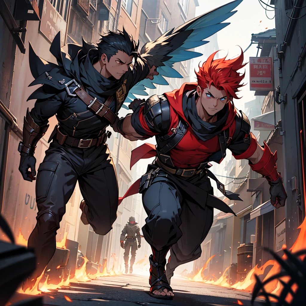 
Confrontation scene:

	• Location: A dark and narrow alley in the city. The buildings on both sides are tall, casting shadows that barely let the light through. The atmosphere is charged with tension, with the wind carrying leaves and dust.
	•	Icarus: Icarus está de pie al final del callejón, with his dark jacket flapping slightly in the wind. His expression is firm, and his blue eyes shine with determination. His posture is tense, ready for combat. In your hands, his combat gloves are activated, with light flashes of energy.
	•	Garanth: Garanth se encuentra a unos metros de Icarus, occupying the center of the alley with its imposing presence. Your arms, covered with red metal and sharp claws, They are enveloped in an aura of fire that illuminates their grayish face. His red eyes shine, reflecting his pent-up anger and desire to fight.
	• Moment of battle: In the moment captured, Both characters are about to attack each other.. Icarus, with one foot forward, seems to be about to dodge or counterattack, while Garanth, with his right arm raised, is ready to unleash a deadly blow with its fiery claws. The air between them vibrates with energy and anticipation of the impending clash..