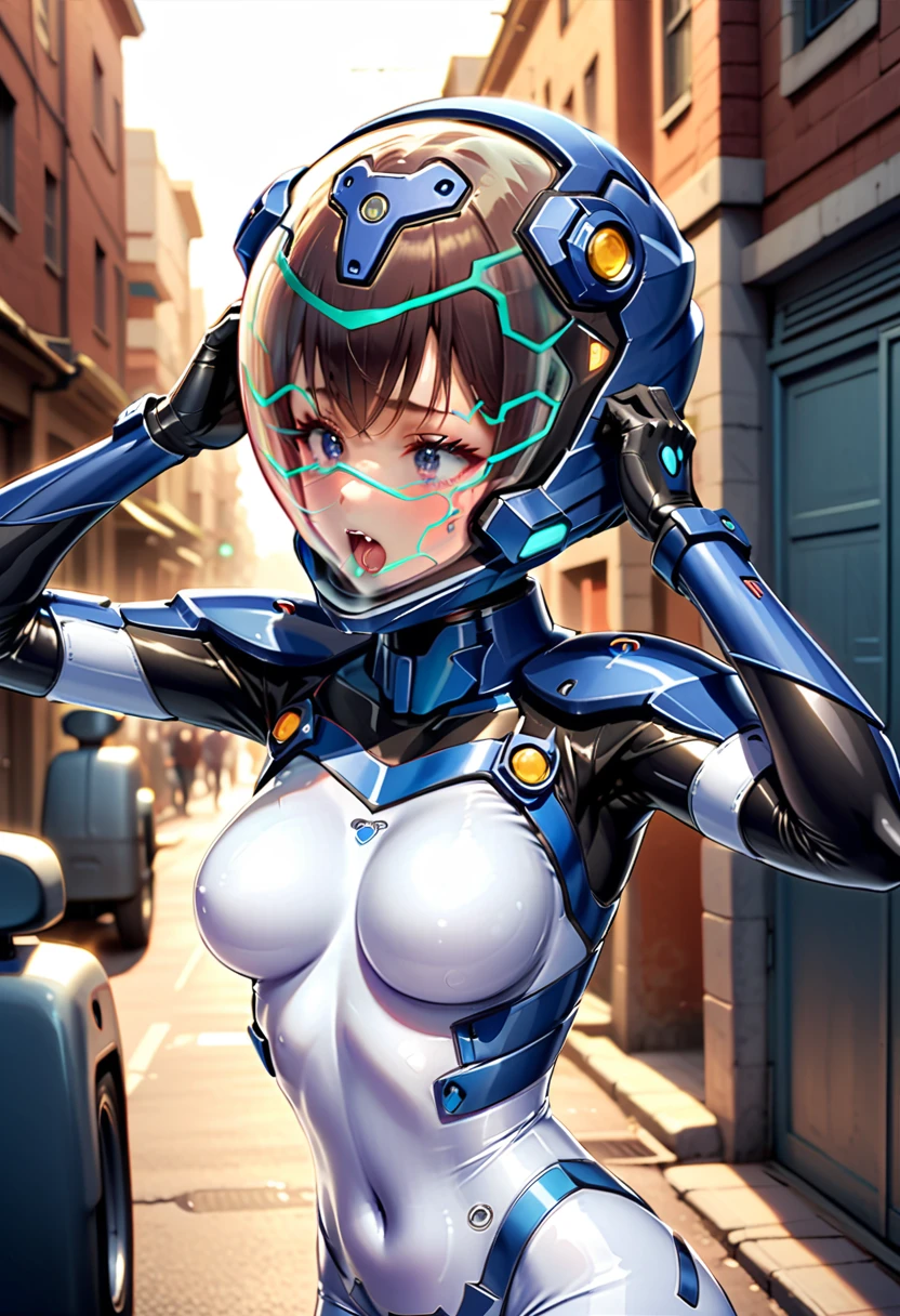 short hair, street, emo, BLACK hair, white eyes, eyeliner, apocalypse, (astronaut, girl, road, city, fortified suit, ((blue:1.5) plugsuit), short hair, outdoors, cinematic light, medium breasts, covered navel, space helmet, muvluv, space helm, eva helmet,[legs bent, ,ahegao, rolling eyes,saliva, drooling, sweat, trembling, HARD TO BREATH,, (hands up:1.6), (holding head:1.7), upper body,hands above head, close eyes