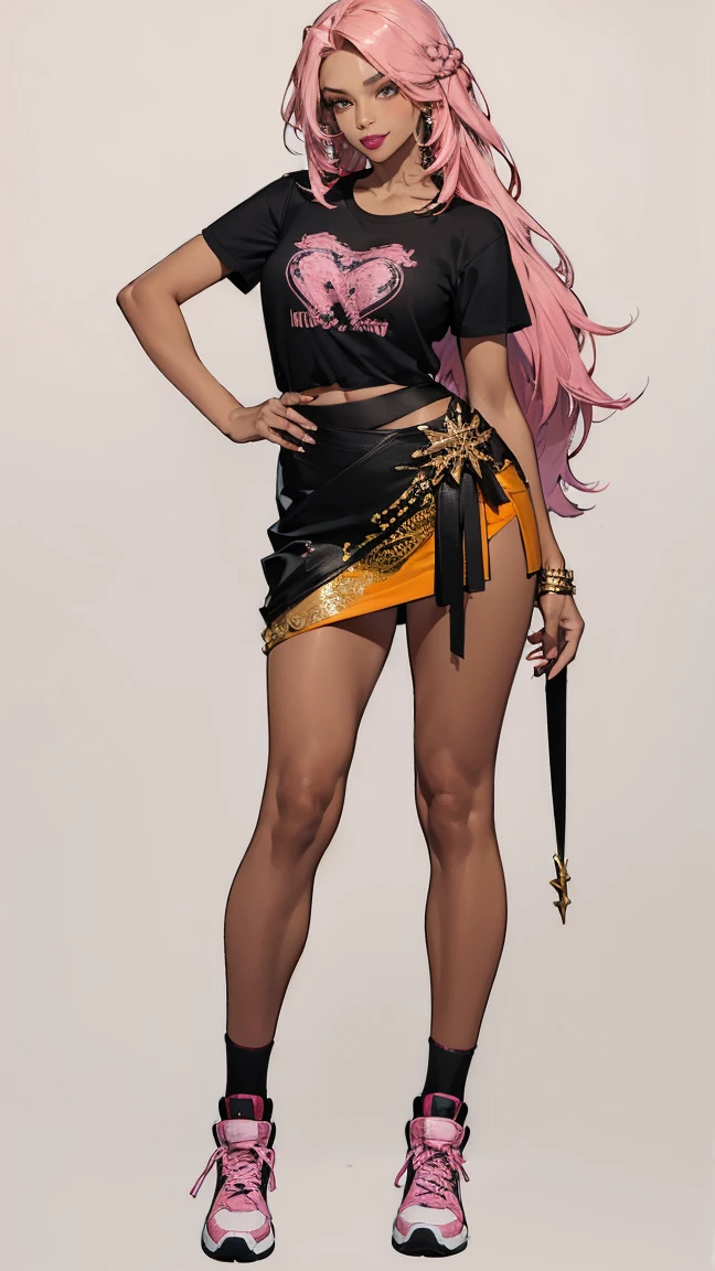 ((Highest quality,4K,High resolution,masterpiece:1.2)),((Character Concept Art)), 1 female, 10 generations of women, Gal High School Girl, ((Long hair dyed pink)), Hair styled with lots of accessories, (Brown skin color), Very fine grain (Decorative contact lenses), Fashionable, smile,Telephone, Socially active, slim body build, ((Intricate details)), Very finely crafted needles, Very finely crafted fingers(((10 fingers))), Wearing a T-shirt, mini skirt,High Top Sneakers,Heavy makeup, (Standing casually), (Full-body showcase), (Show your whole body), (No logos on background), (No logo), ((Plain background)), ((Plain background)), (((Sky Background)))