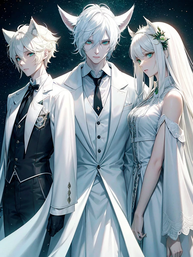 A psychologist with a white coat and wolf ears, beautiful, albino, tall, 28 years old, with his two twin sisters with emerald green eyes.