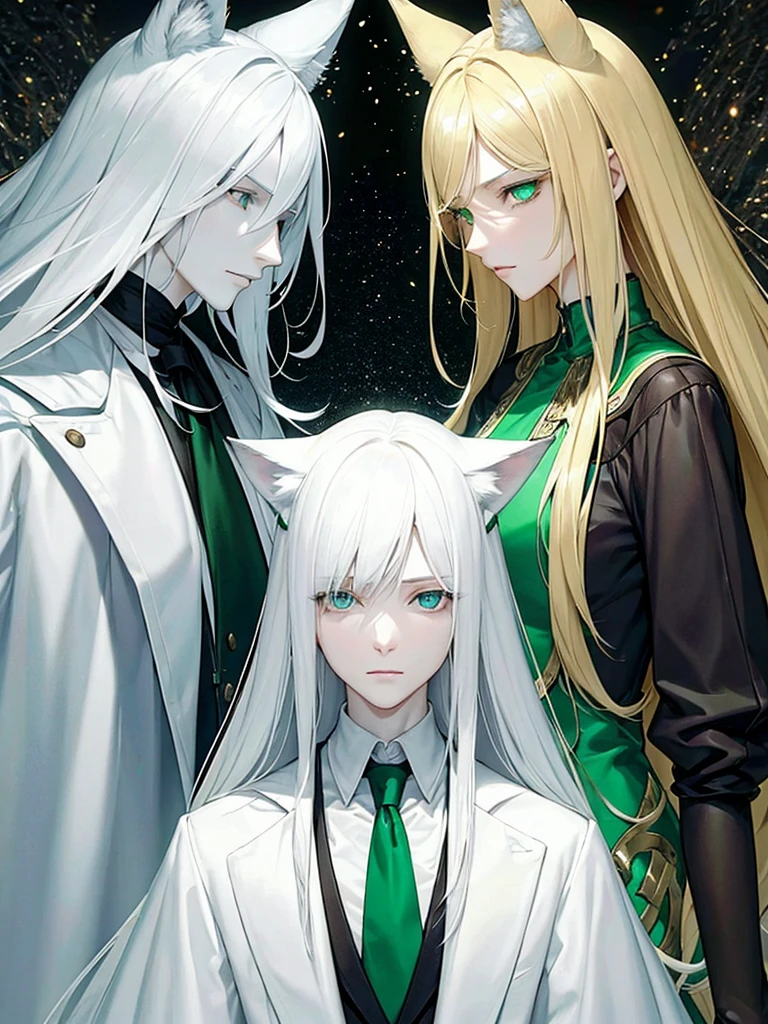 A psychologist with a white coat and wolf ears, beautiful, albino, tall, 28 years old, with his two twin sisters with emerald green eyes.