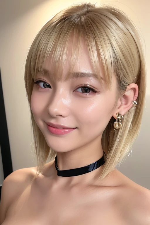 (Highest quality, 4K, 8k, High resolution, masterpiece:1.2), Very detailed, (Realistic, photoRealistic, photo-Realistic:1.37)、Private room、Japanese、Big Breasts、smile、One girl、(Completely naked）、ear piercing、Blonde with a black choker、(Hairstyle:random),Shiny skin caused by lotion、Gal Fashion、Oily skin、Sweaty skin、(Full body photography）