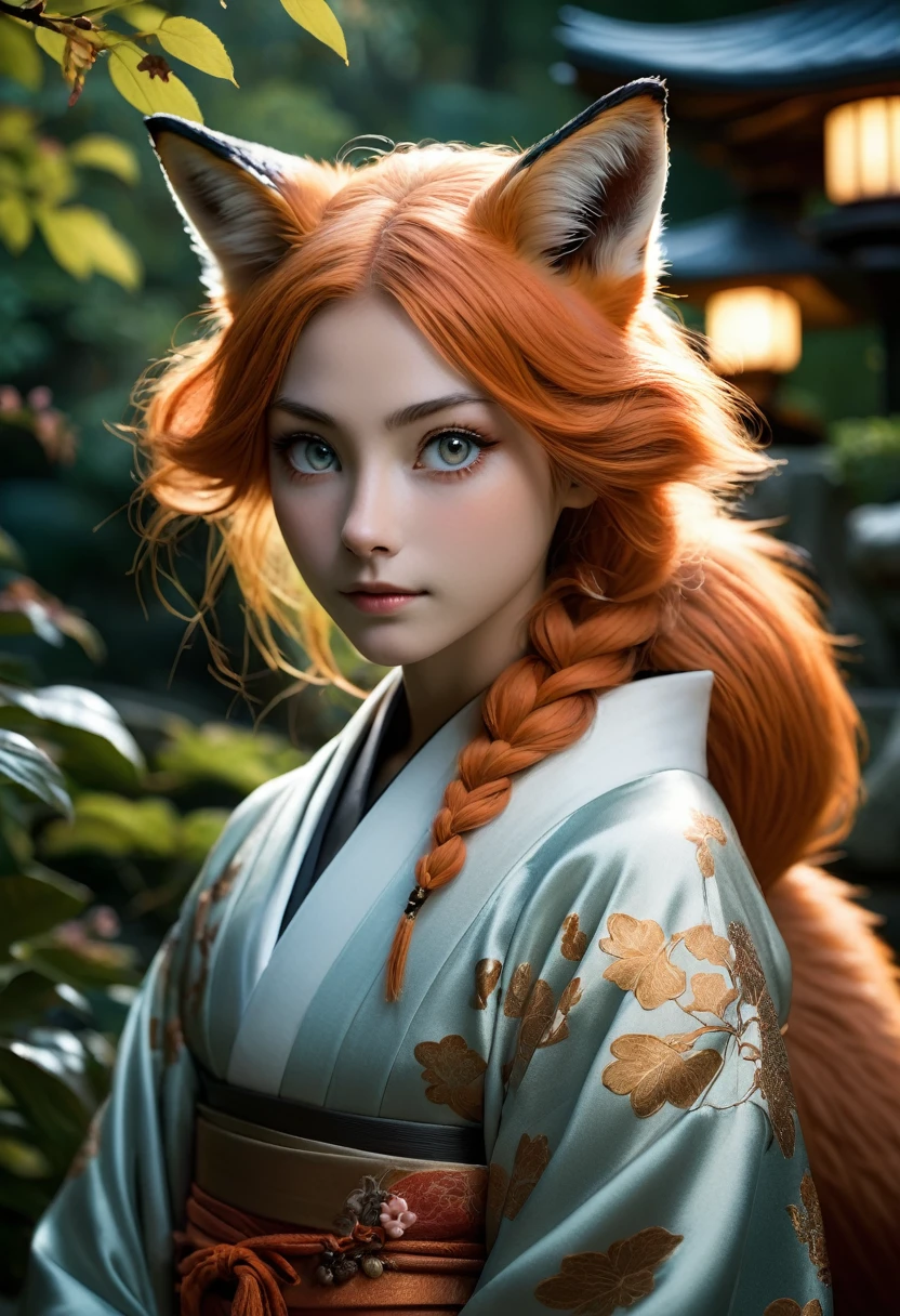 realistic, analog photo, Masterpiece, RAW photo, full-length portrait, hyper realistic, ultra detailed image, Kizune, (mythical Creature of Japanese Mythology And Folklore), detailed portrait of anthropomorphic she-fox, with fox tail, in traditional japan garden, moonlight, little spotlight, fractal, cover, detailed background, depth of field, HOF, hall of fame, detailed beautiful eyes, detailed beautiful face, natural body posture, lifelike skin texture, kodak portra 400, 16k, ultra detailed, bokeh lighting, dark fantasy atmospheric, fantasy aura, film grain, cinematic light, cinematic composition, depth of field, rim light