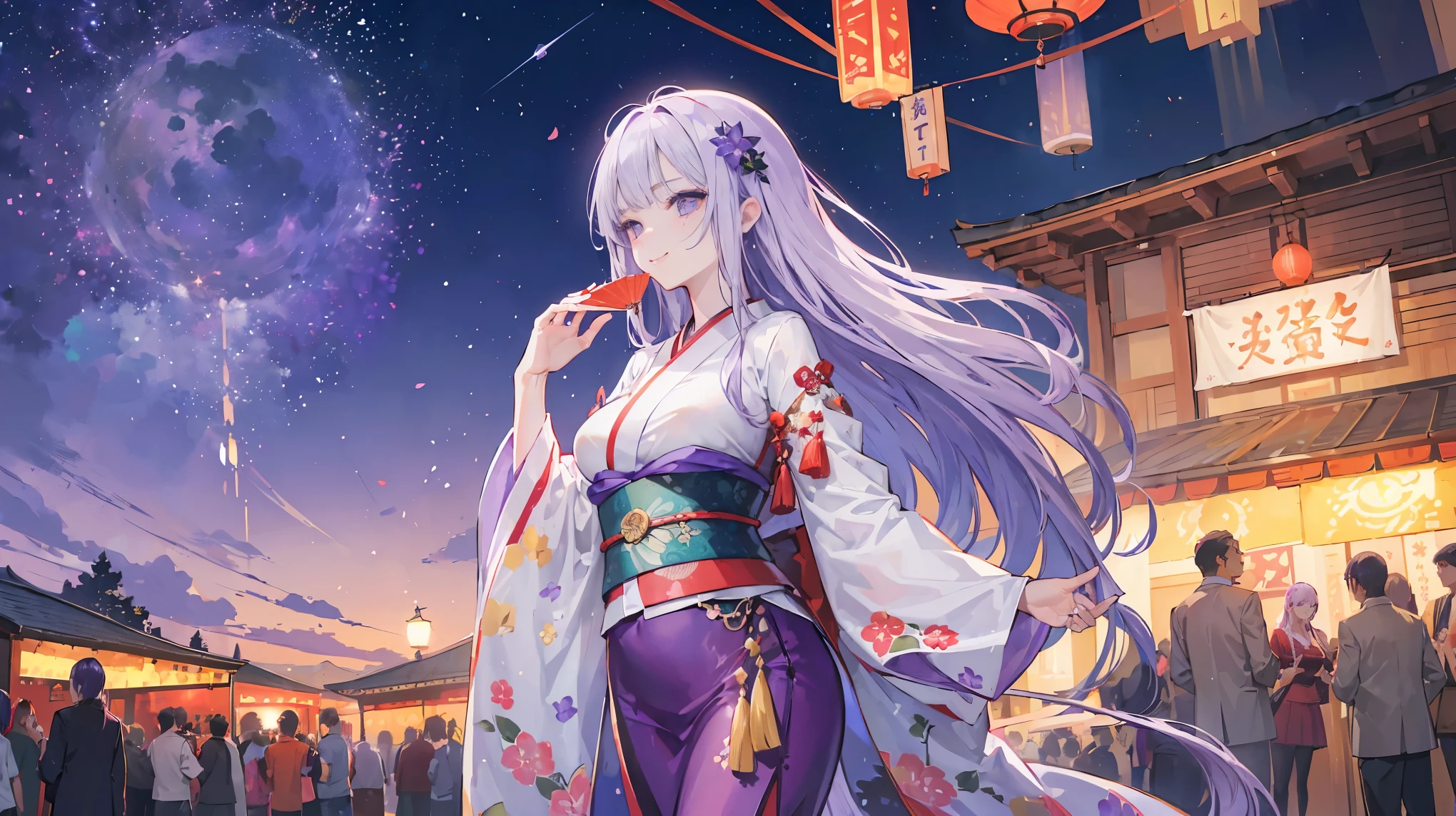 (adult Face:1.8)、Create a high-quality, anime-style illustration of a mature woman in her 40s enjoying a summer festival with a stunning view of fireworks illuminating the night sky. She has long, flowing hair with subtle streaks of silver, adding to her graceful and mature appearance. Her eyes are wise and serene, with a depth that comes from years of experience. She wears a beautiful yukata adorned with elegant and intricate floral patterns, tied with a colorful obi. Her demeanor is poised and elegant, exuding a sense of confidence and serenity. She holds a traditional paper fan and a small bag of festival treats, her smile warm and reassuring. The background features a bustling festival street with colorful lanterns, food stalls, and lively crowds, all set against a backdrop of a picturesque town. Fireworks burst overhead, casting a magical glow over the scene. The color palette should include deep blues, vivid reds, and sparkling golds to capture the lively and celebratory atmosphere of a summer festival. Ensure the overall image exudes a sense of joy, wonder, and the comforting presence of a mature woman, capturing the essence of a memorable summer night. (40 years old:1.4), (1 woman:1.4), (Light purple hair:1.4), (straight long hair:1.7), sophisticated, confident expression, high cheekbones, (medium breasts:1.8), (purple right eye:1.4), Black denim pants, (red left eye:1.4), (Eyeshadow:1.3), (blush:1.2), light smile, full body, BREAK (very wide:1.3), (panorama view:1.3), (sense of depth:1.5), (long shot:1.3), (magnificent view:1.3)