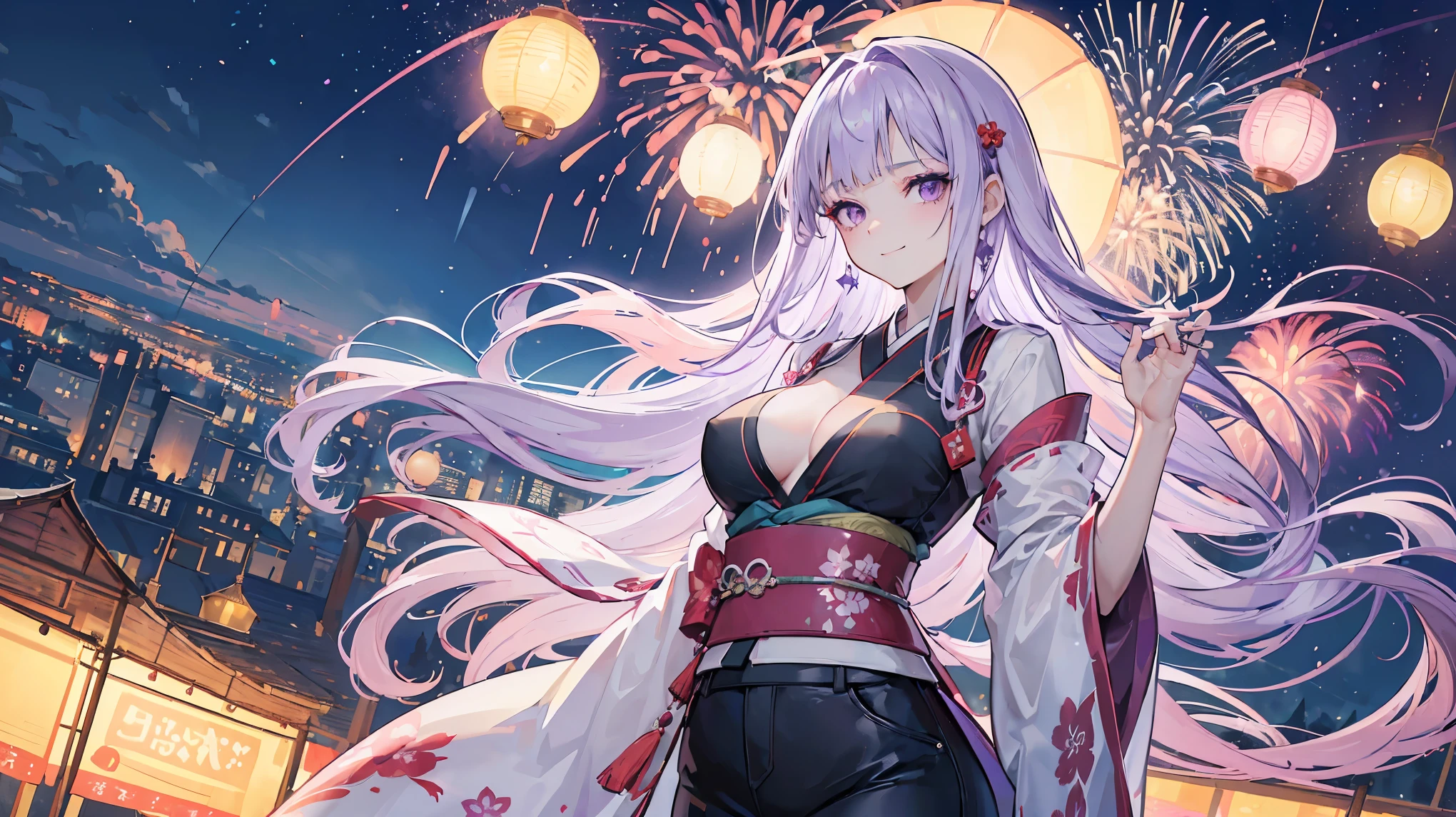 (adult Face:1.8)、Create a high-quality, anime-style illustration of a mature woman in her 40s enjoying a summer festival with a stunning view of fireworks illuminating the night sky. She has long, flowing hair with subtle streaks of silver, adding to her graceful and mature appearance. Her eyes are wise and serene, with a depth that comes from years of experience. She wears a beautiful yukata adorned with elegant and intricate floral patterns, tied with a colorful obi. Her demeanor is poised and elegant, exuding a sense of confidence and serenity. She holds a traditional paper fan and a small bag of festival treats, her smile warm and reassuring. The background features a bustling festival street with colorful lanterns, food stalls, and lively crowds, all set against a backdrop of a picturesque town. Fireworks burst overhead, casting a magical glow over the scene. The color palette should include deep blues, vivid reds, and sparkling golds to capture the lively and celebratory atmosphere of a summer festival. Ensure the overall image exudes a sense of joy, wonder, and the comforting presence of a mature woman, capturing the essence of a memorable summer night. (40 years old:1.4), (1 woman:1.4), (Light purple hair:1.4), (straight long hair:1.7), sophisticated, confident expression, high cheekbones, (medium breasts:1.8), (purple right eye:1.4), Black denim pants, (red left eye:1.4), (Eyeshadow:1.3), (blush:1.2), light smile, full body, BREAK (very wide:1.3), (panorama view:1.3), (sense of depth:1.5), (long shot:1.3), (magnificent view:1.3)