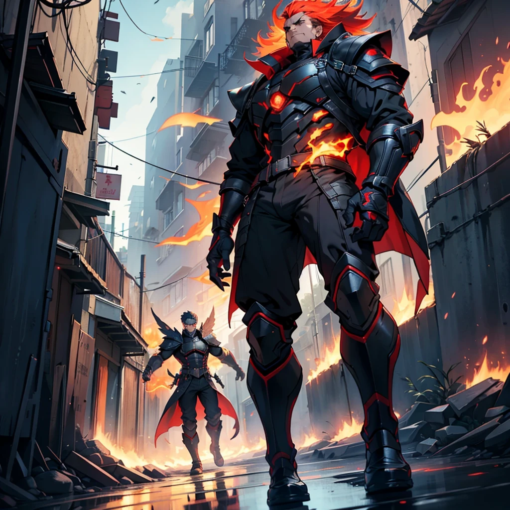 
Confrontation scene:

	• Location: A dark and narrow alley in the city. The buildings on both sides are tall, casting shadows that barely let the light through. The atmosphere is charged with tension, with the wind carrying leaves and dust.
	•	Icarus: Icarus está de pie al final del callejón, with his dark jacket flapping slightly in the wind. His expression is firm, and his blue eyes shine with determination. His posture is tense, ready for combat. In your hands, his combat gloves are activated, with light flashes of energy.
	•	Garanth: Garanth se encuentra a unos metros de Icarus, occupying the center of the alley with its imposing presence. Your arms, covered with red metal and sharp claws, They are enveloped in an aura of fire that illuminates their grayish face. His red eyes shine, reflecting his pent-up anger and desire to fight.
	• Moment of battle: In the moment captured, Both characters are about to attack each other.. Icarus, with one foot forward, seems to be about to dodge or counterattack, while Garanth, with his right arm raised, is ready to unleash a deadly blow with its fiery claws. The air between them vibrates with energy and anticipation of the impending clash..