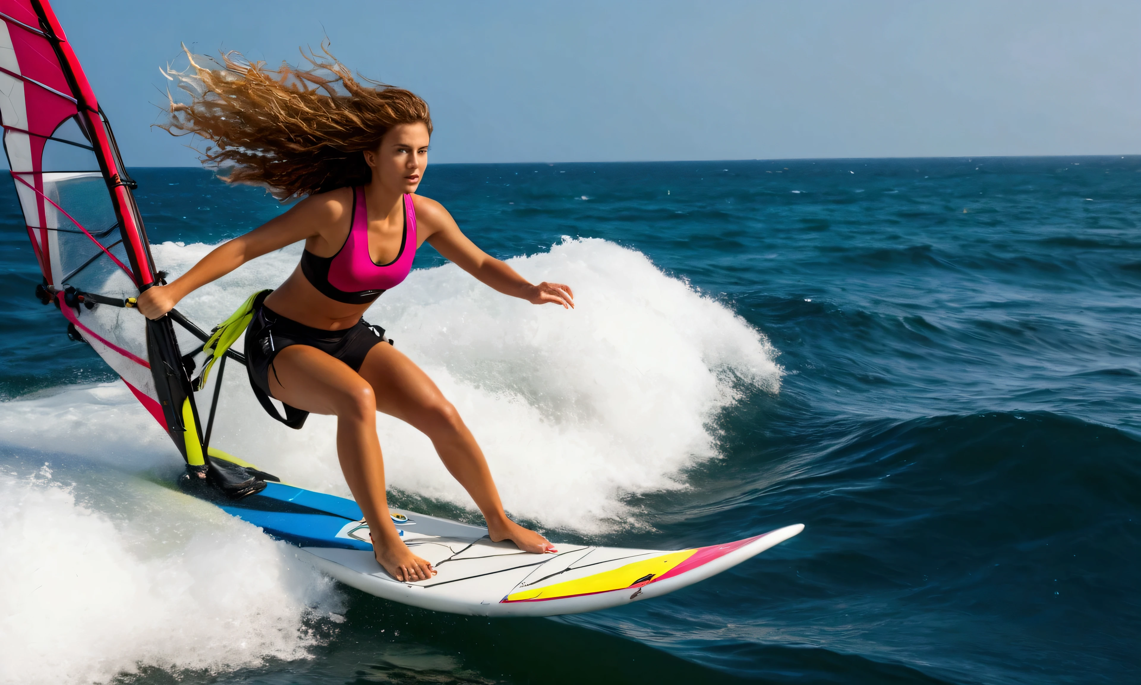 a girl on a windsurfing board jumping over the sea, dynamic scene, photorealistic, water splashes, wind, (best quality,4k,8k,highres,masterpiece:1.2),ultra-detailed,(realistic,photorealistic,photo-realistic:1.37),vibrant colors, dramatic lighting, ocean, waves, wind blowing hair, athletic pose, skill, adrenaline, watersports, extreme sports