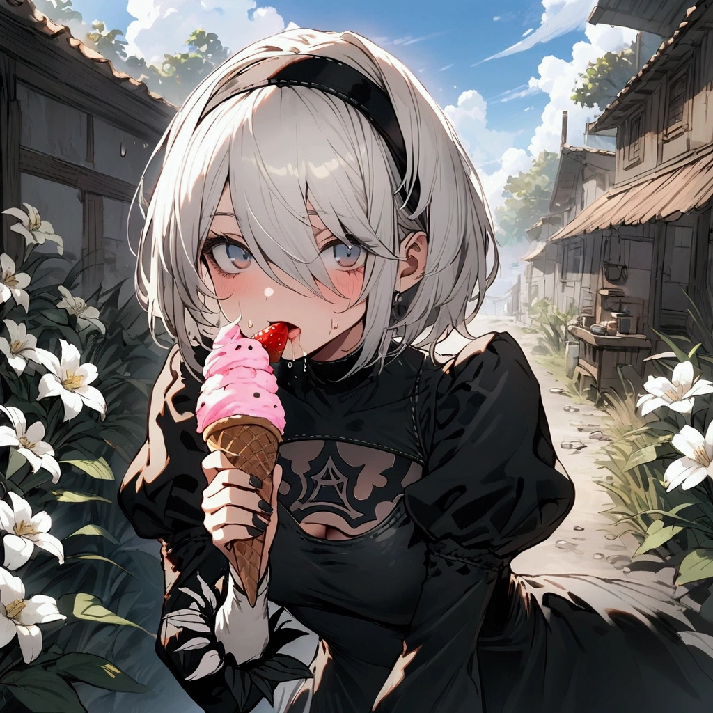 Best Quality, 2b nier automata, and Tifa eating strawberry ice cream, muddy in mouth,sweating, Whole body, sweating, looking at the camera, white flowers in background, blue sky